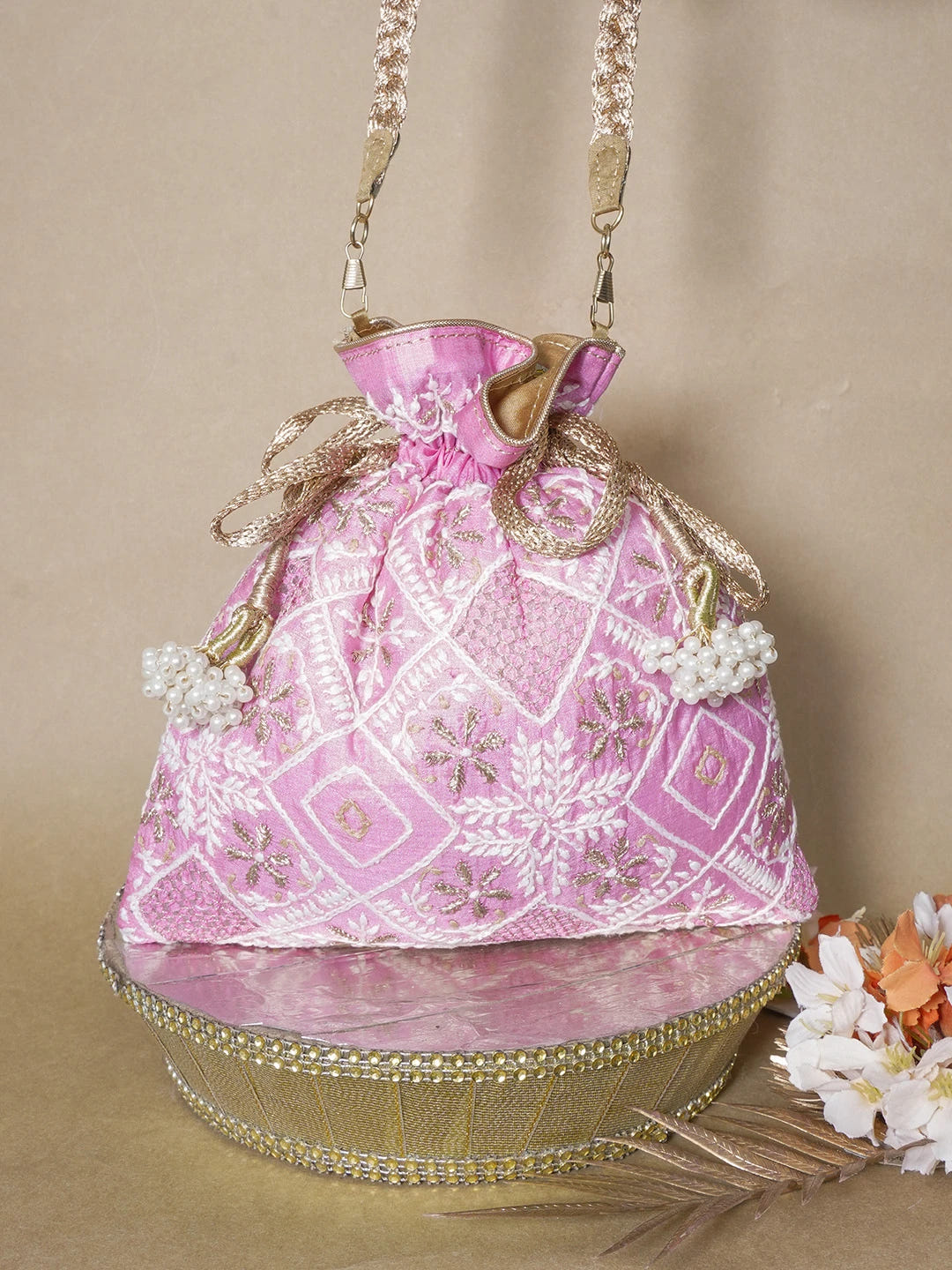 Ada Hand Embroidered Pink Silk Lucknowi Chikankari Potli Bag With Zari Work 01A634057