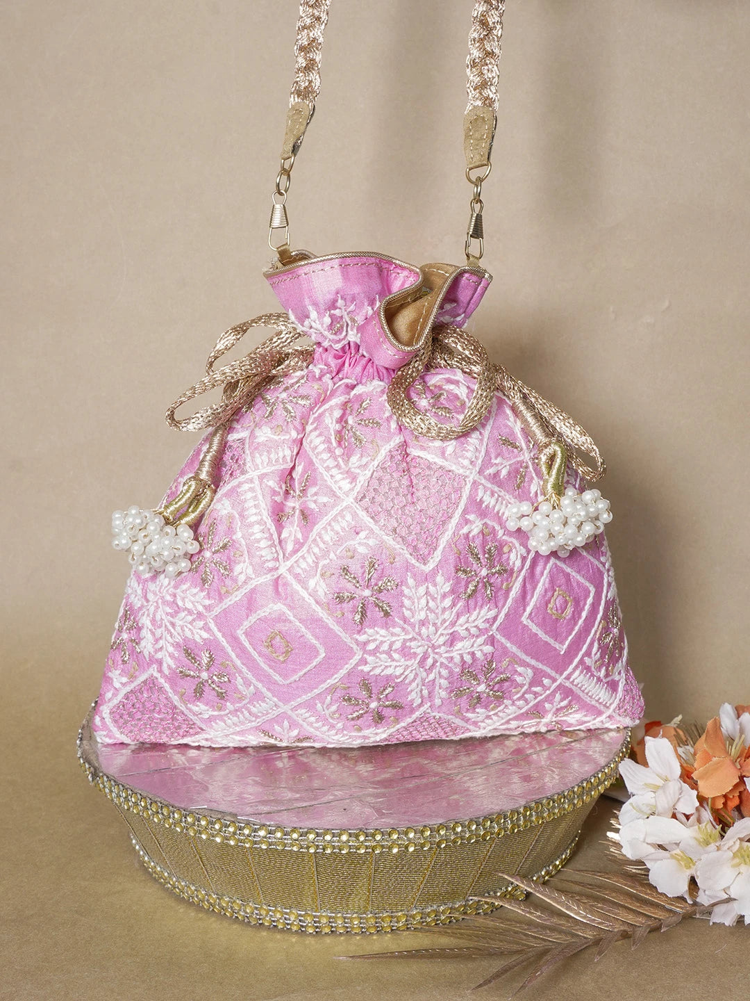 Ada Hand Embroidered Pink Silk Lucknowi Chikankari Potli Bag With Zari Work 01A634057