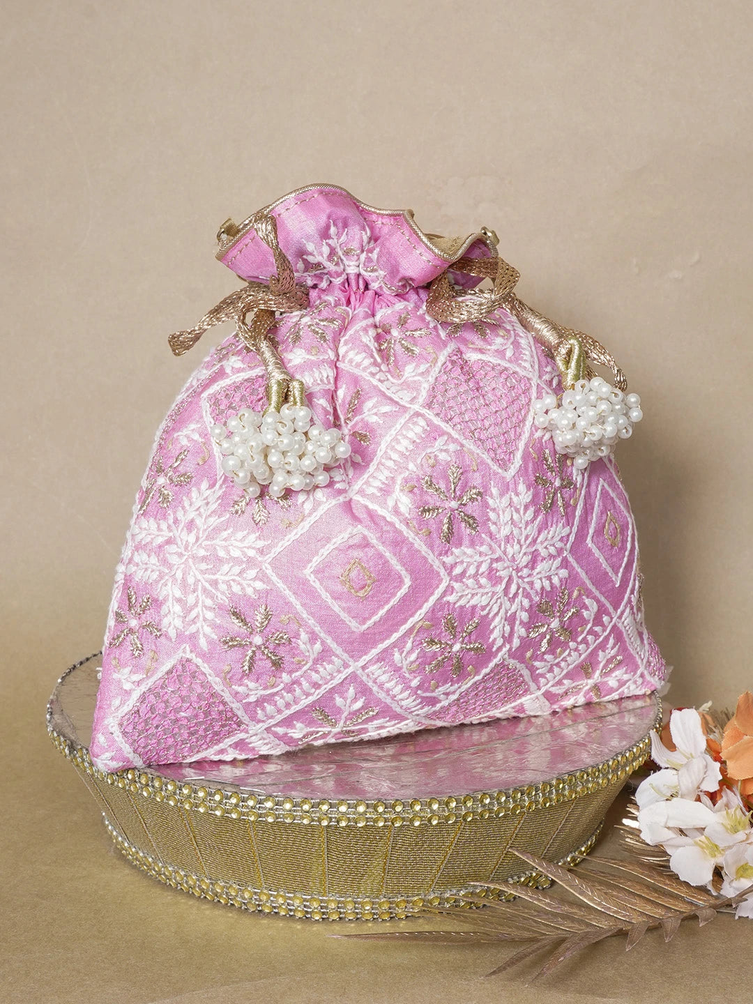 Ada Hand Embroidered Pink Silk Lucknowi Chikankari Potli Bag With Zari Work 01A634057
