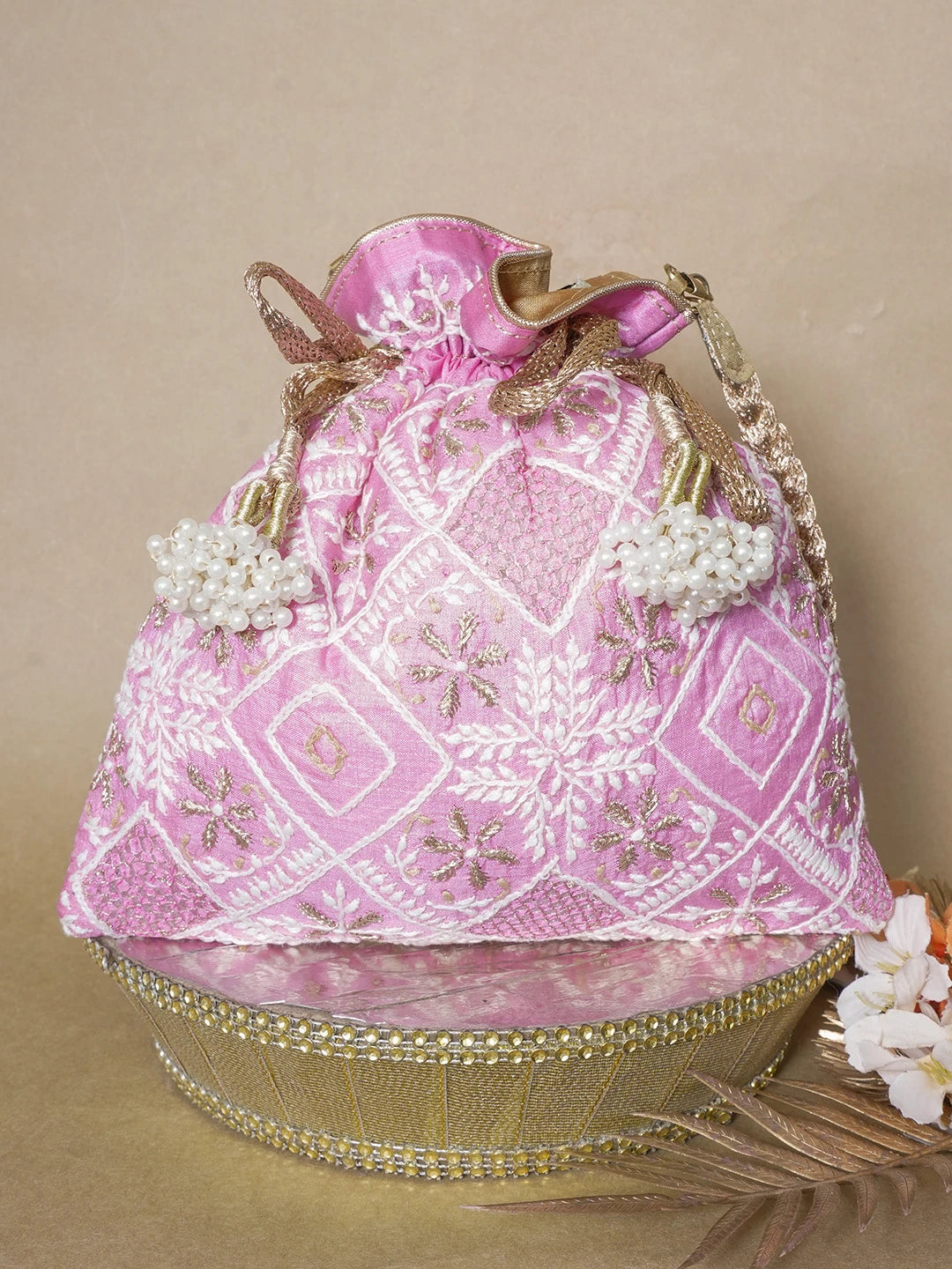 Ada Hand Embroidered Pink Silk Lucknowi Chikankari Potli Bag With Zari Work 01A634057