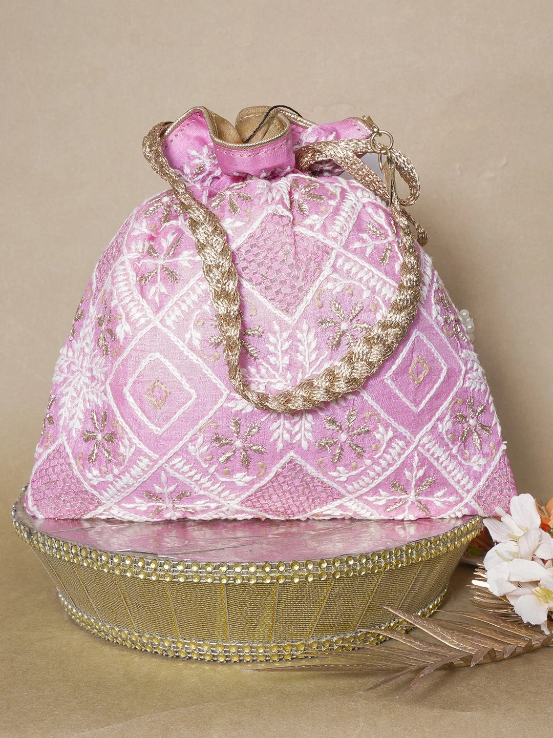 Ada Hand Embroidered Pink Silk Lucknowi Chikankari Potli Bag With Zari Work 01A634057