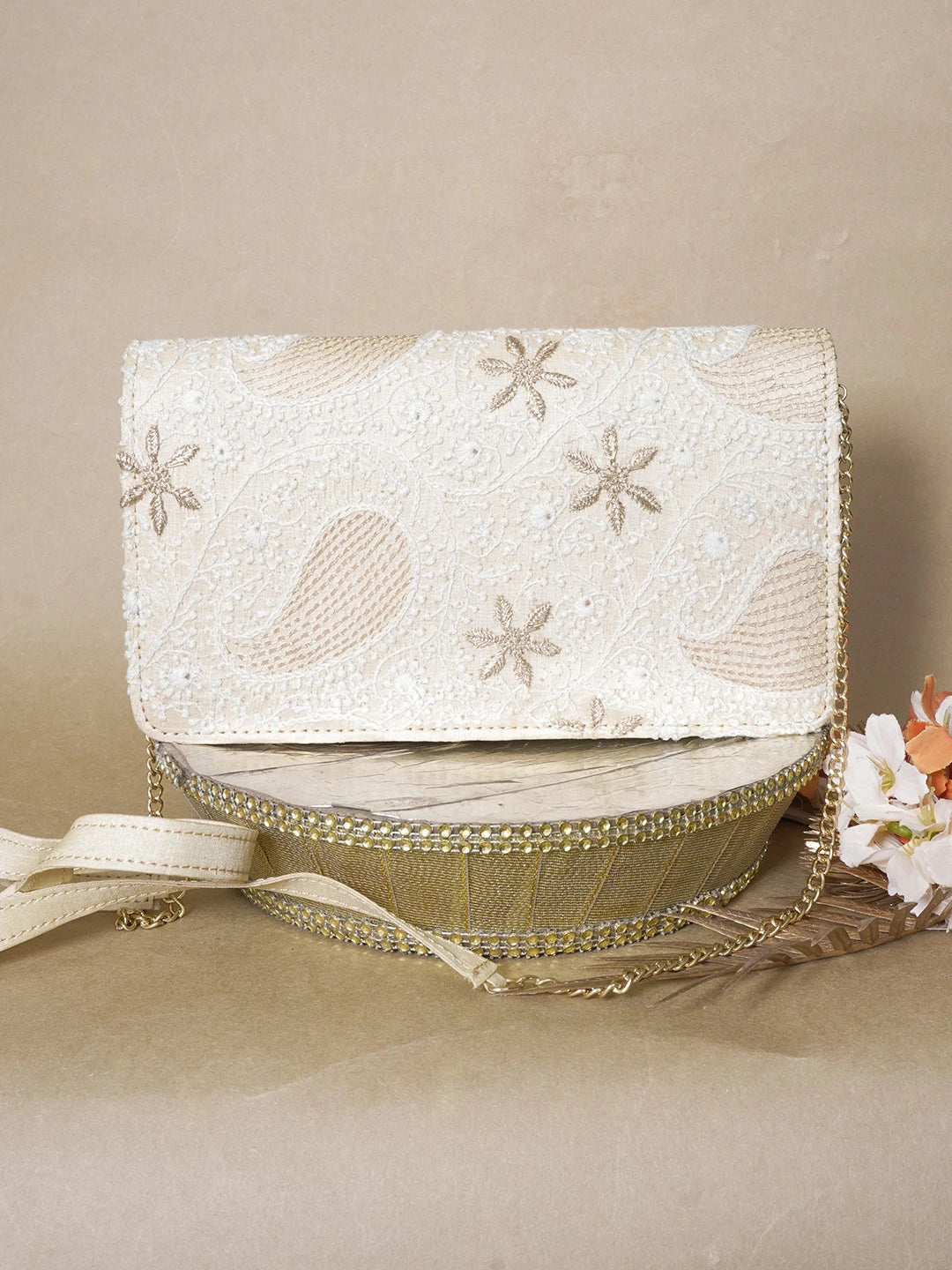Ada Hand Embroidered Beige Silk Lucknowi Chikankari Clutch With Zari Work 01A636475