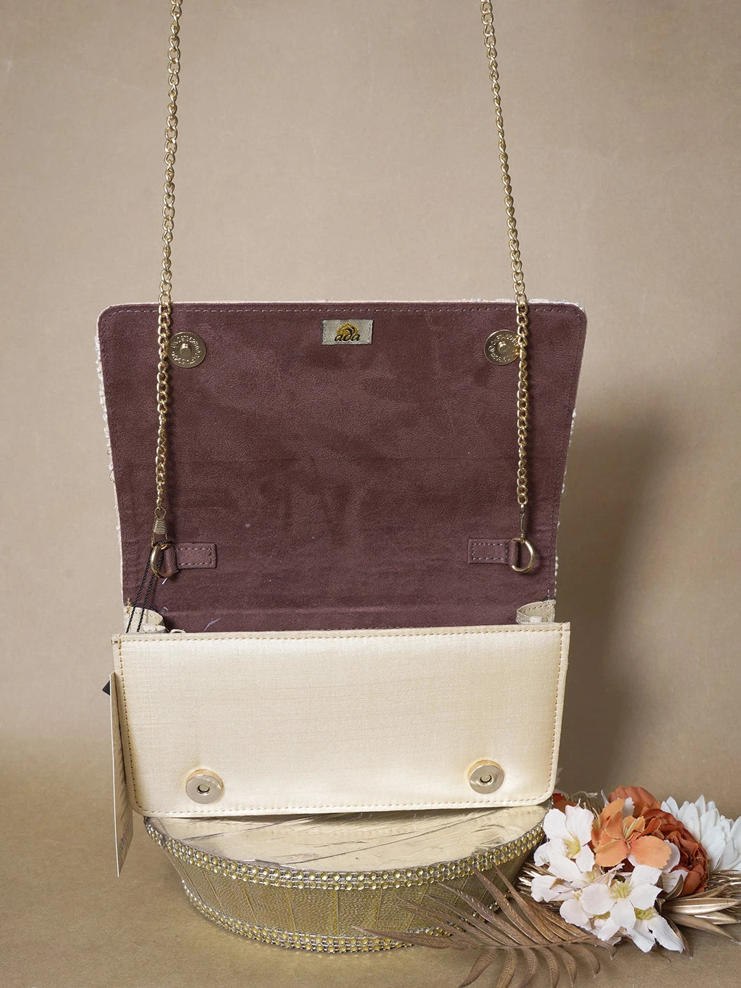 Ada Hand Embroidered Beige Silk Lucknowi Chikankari Clutch With Zari Work 01A636475