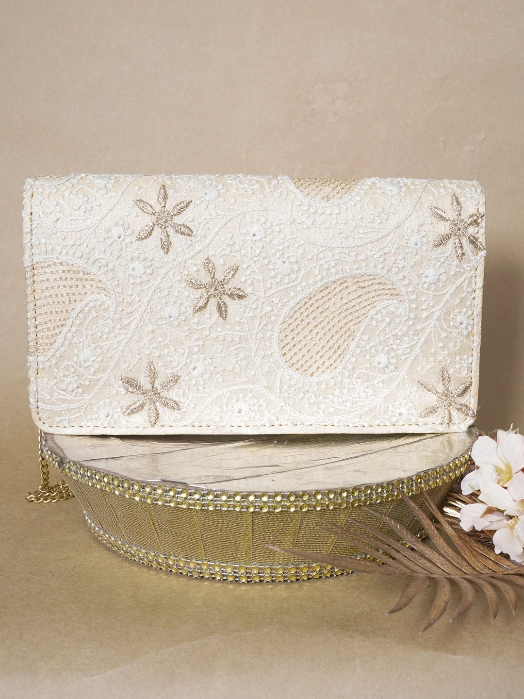Ada Hand Embroidered Beige Silk Lucknowi Chikankari Clutch With Zari Work 01A636475