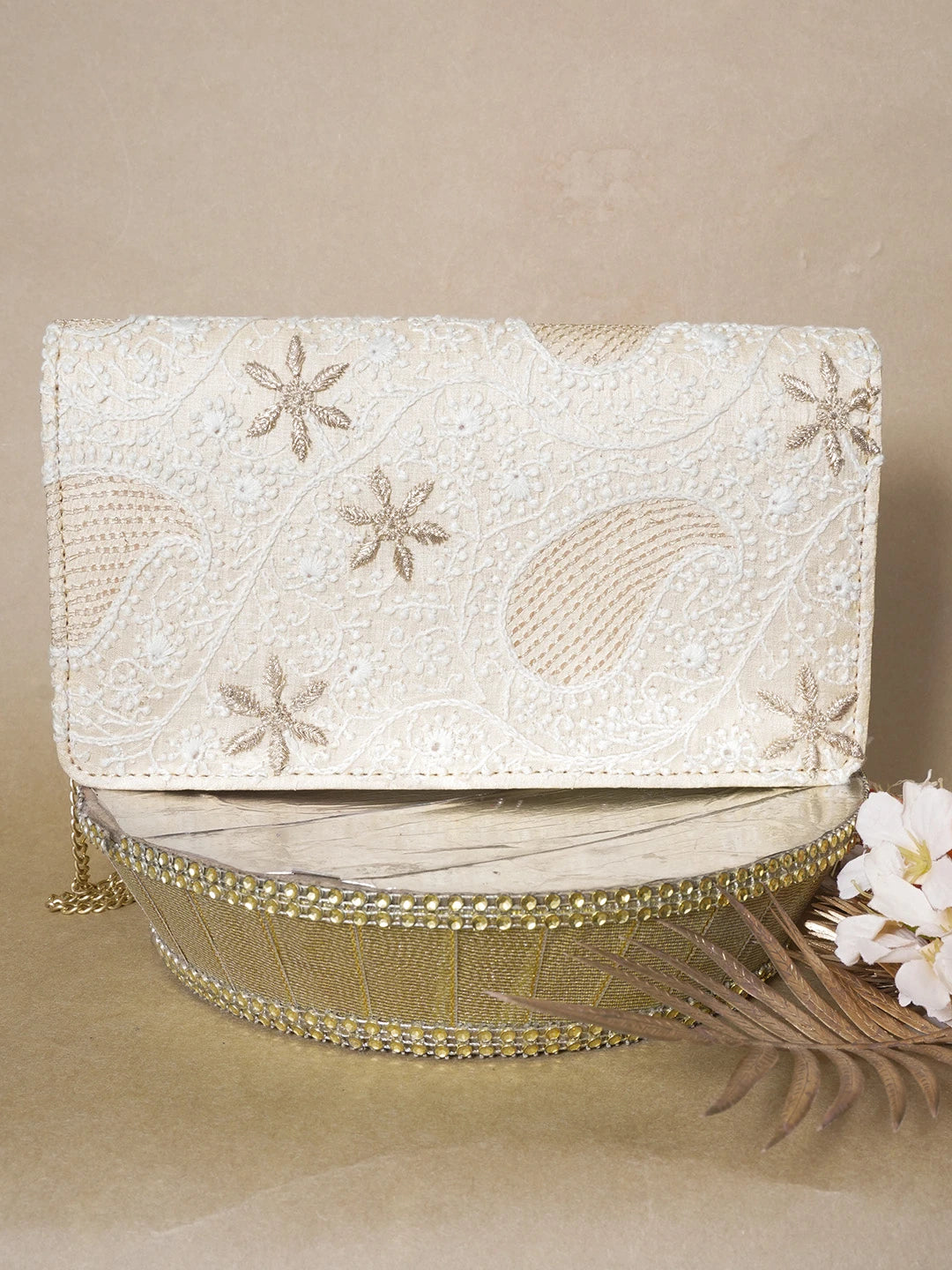 Ada Hand Embroidered Beige Silk Lucknowi Chikankari Clutch With Zari Work 01A636475