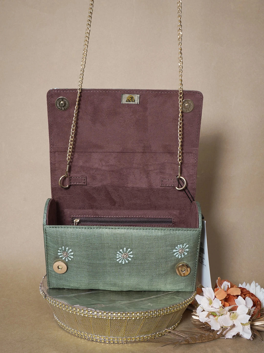 Ada Hand Embroidered Green Silk Lucknowi Chikankari Clutch With Zari Work 01A662206
