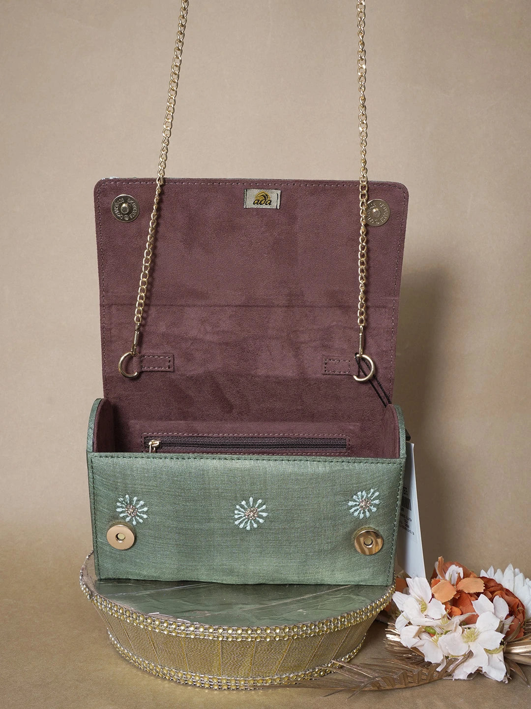 Ada Hand Embroidered Green Silk Lucknowi Chikankari Clutch With Zari Work 01A662206