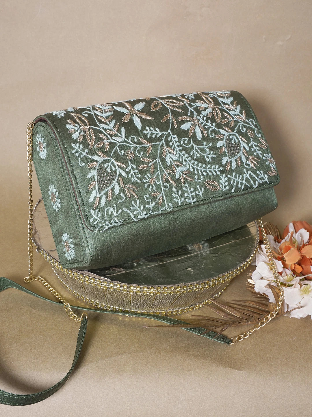 Ada Hand Embroidered Green Silk Lucknowi Chikankari Clutch With Zari Work 01A662206