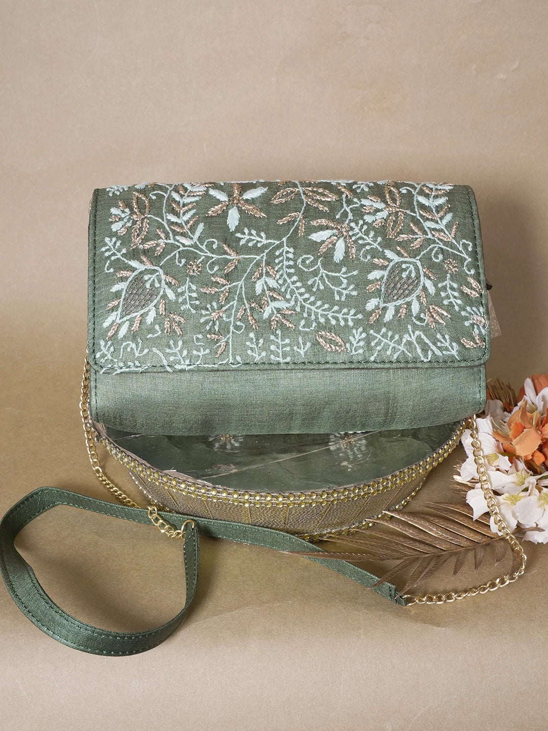 Ada Hand Embroidered Green Silk Lucknowi Chikankari Clutch With Zari Work 01A662206