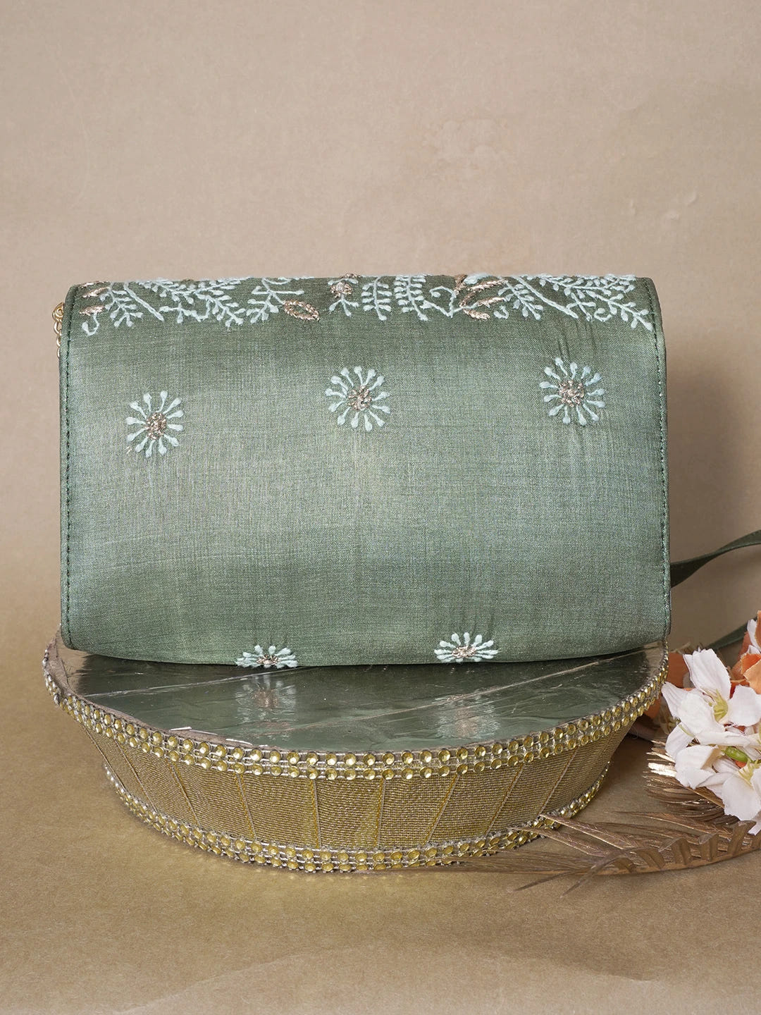 Ada Hand Embroidered Green Silk Lucknowi Chikankari Clutch With Zari Work 01A662206
