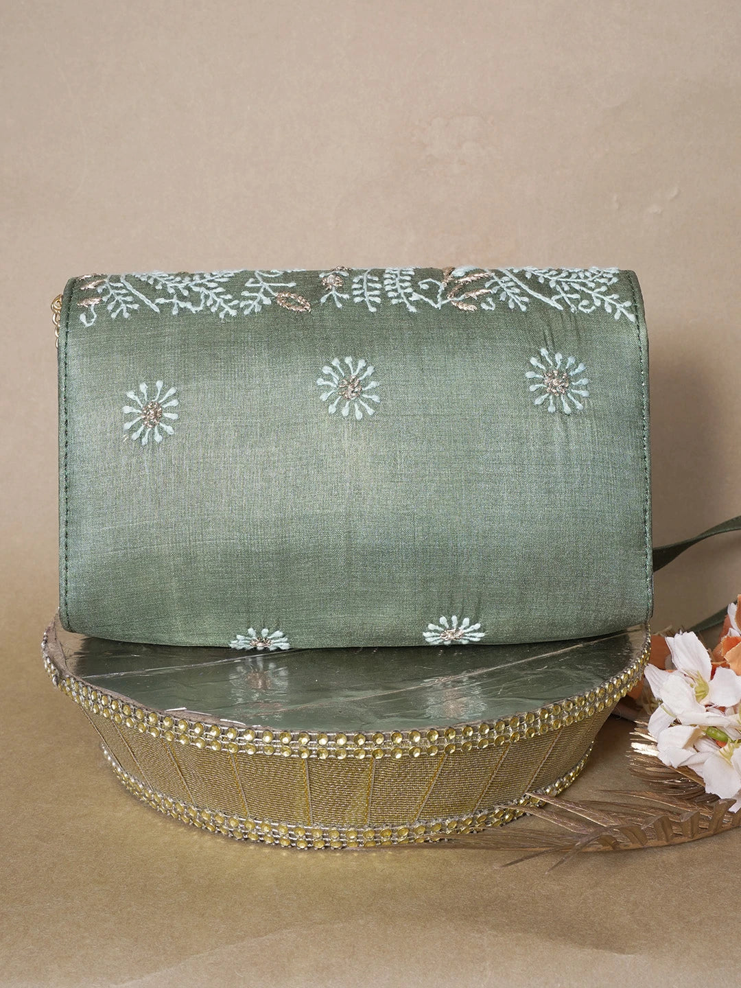 Ada Hand Embroidered Green Silk Lucknowi Chikankari Clutch With Zari Work 01A662206