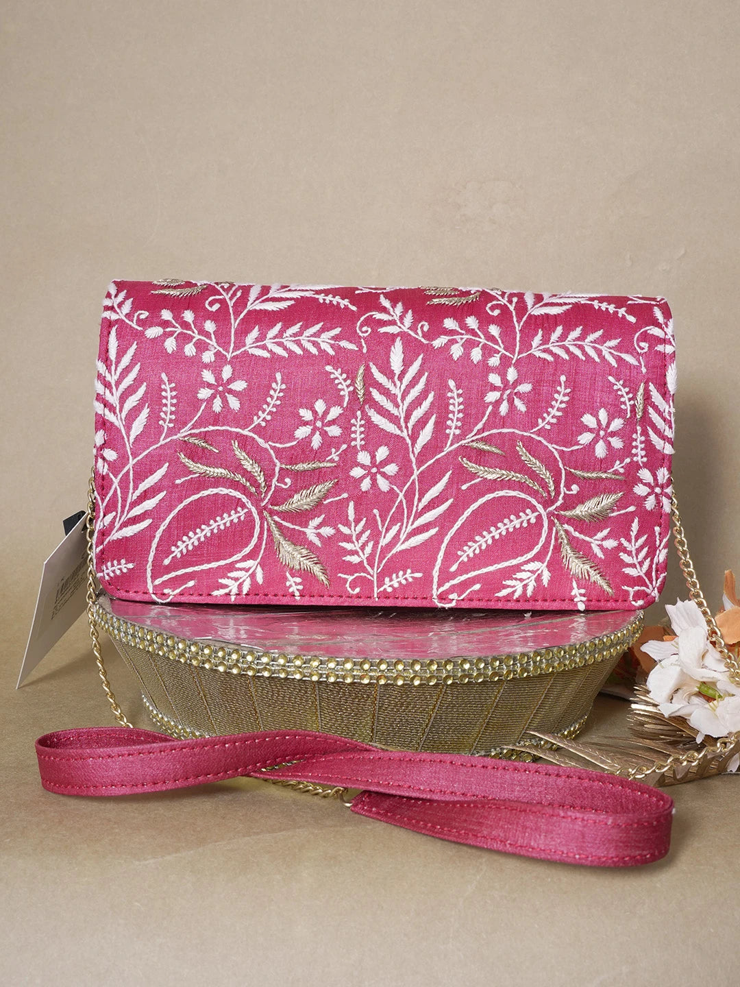 Ada Hand Embroidered Maroon Silk Lucknowi Chikankari Clutch With Zari Work 01A662153
