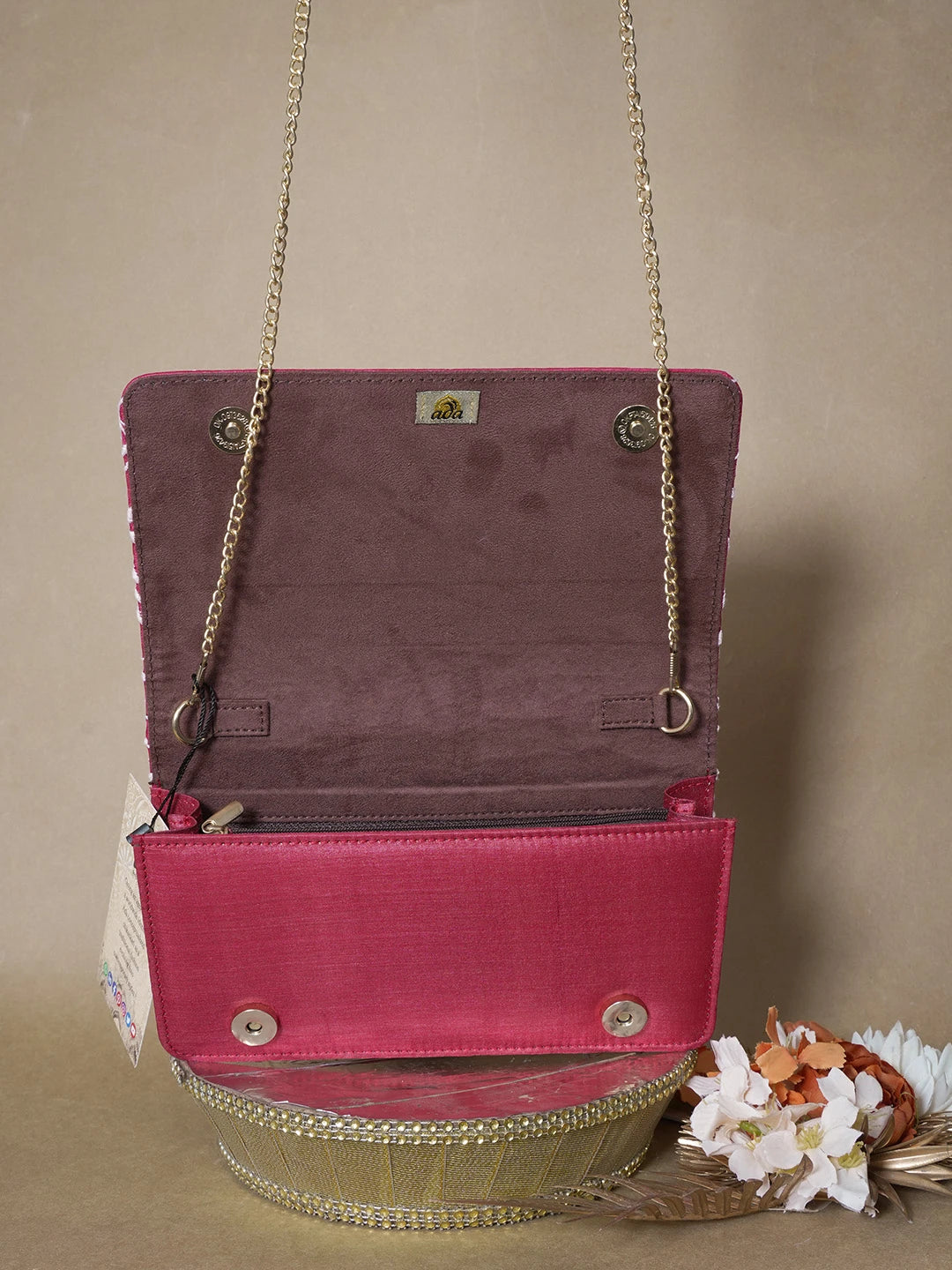 Ada Hand Embroidered Maroon Silk Lucknowi Chikankari Clutch With Zari Work 01A662153