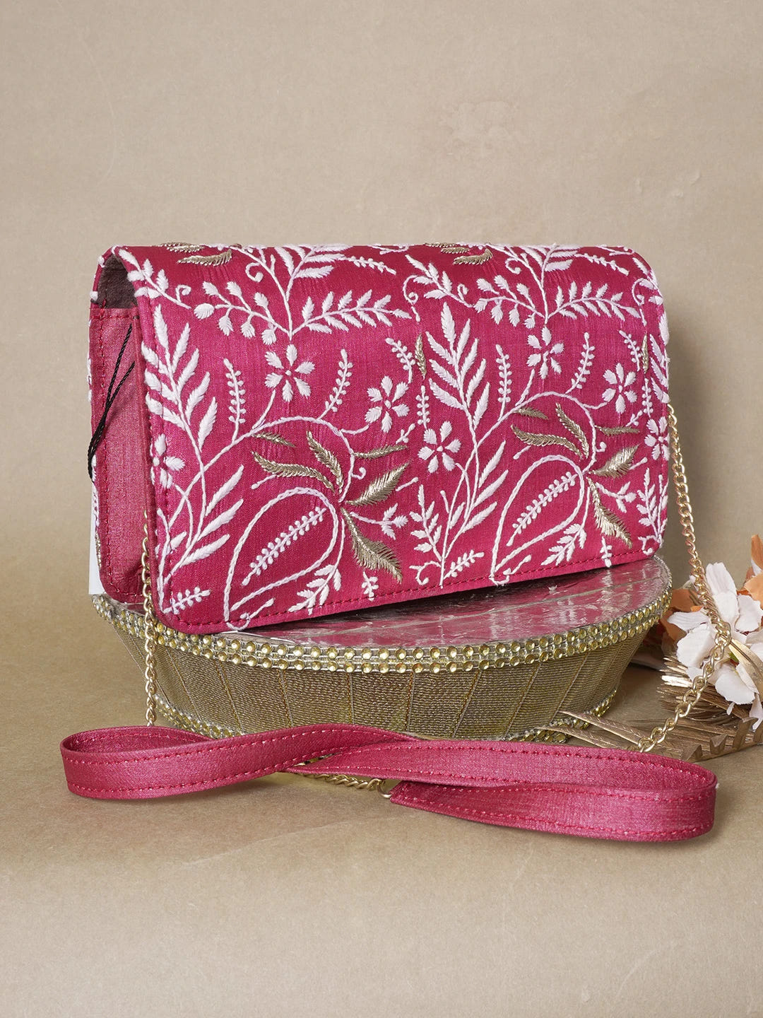 Ada Hand Embroidered Maroon Silk Lucknowi Chikankari Clutch With Zari Work 01A662153