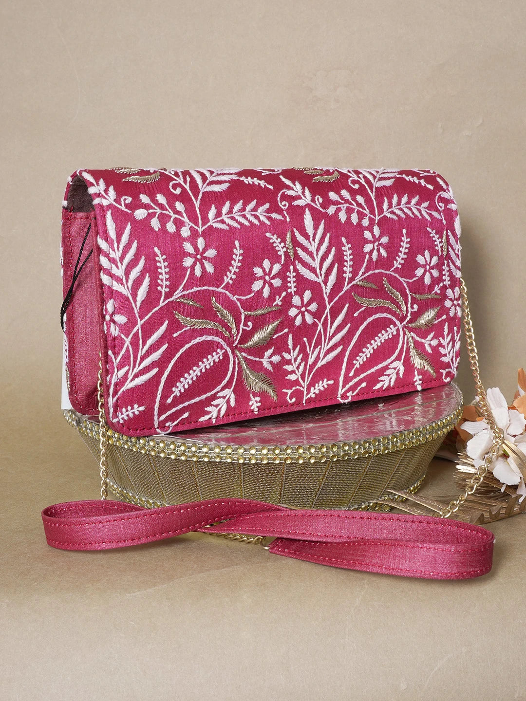 Ada Hand Embroidered Maroon Silk Lucknowi Chikankari Clutch With Zari Work 01A662153