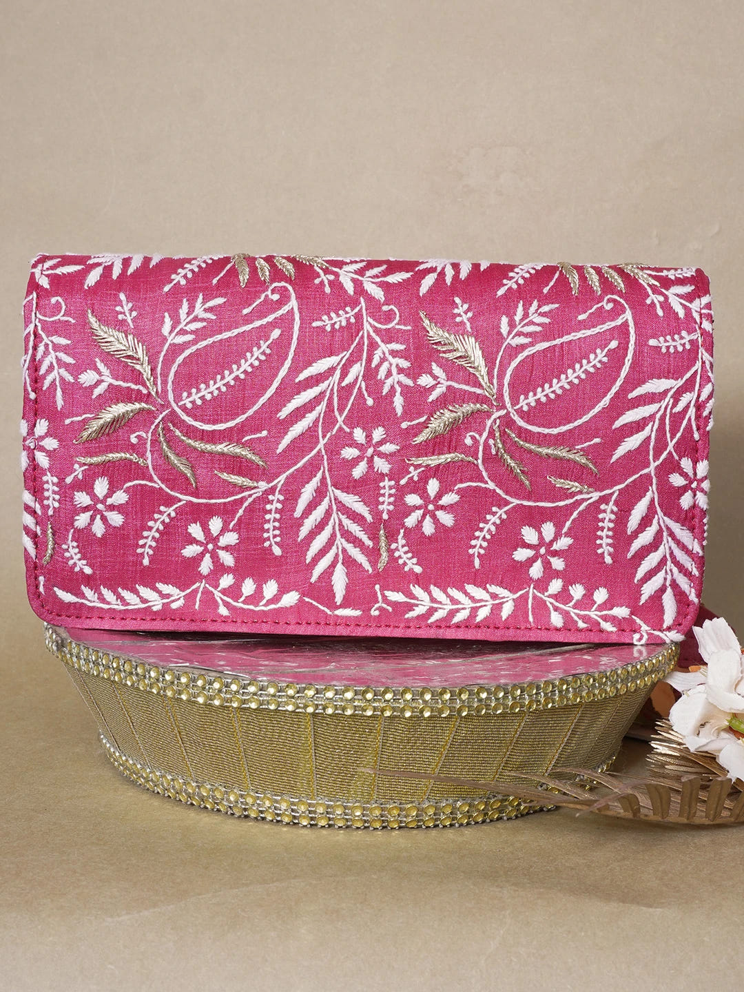 Ada Hand Embroidered Maroon Silk Lucknowi Chikankari Clutch With Zari Work 01A662153