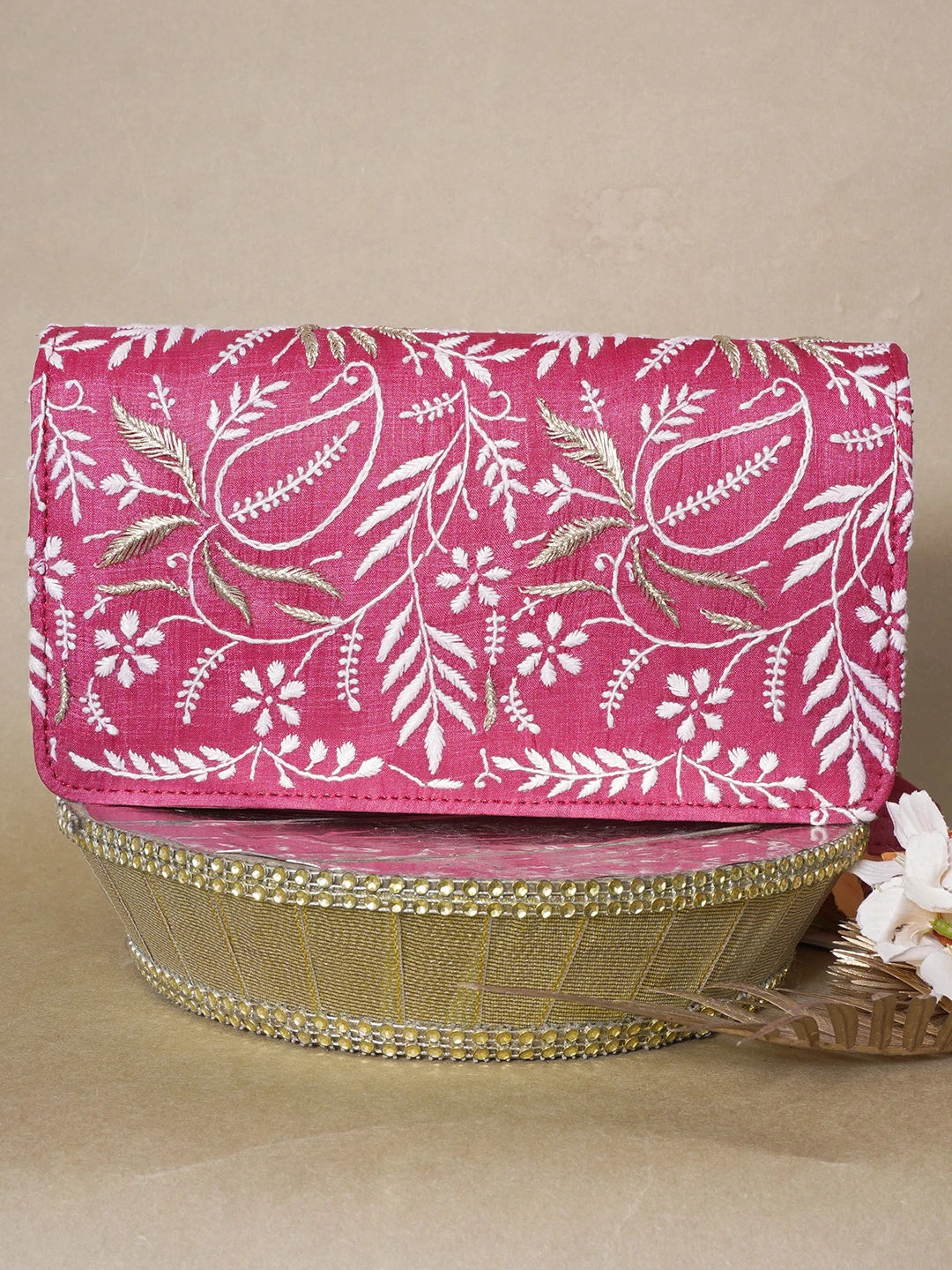 Ada Hand Embroidered Maroon Silk Lucknowi Chikankari Clutch With Zari Work 01A662153