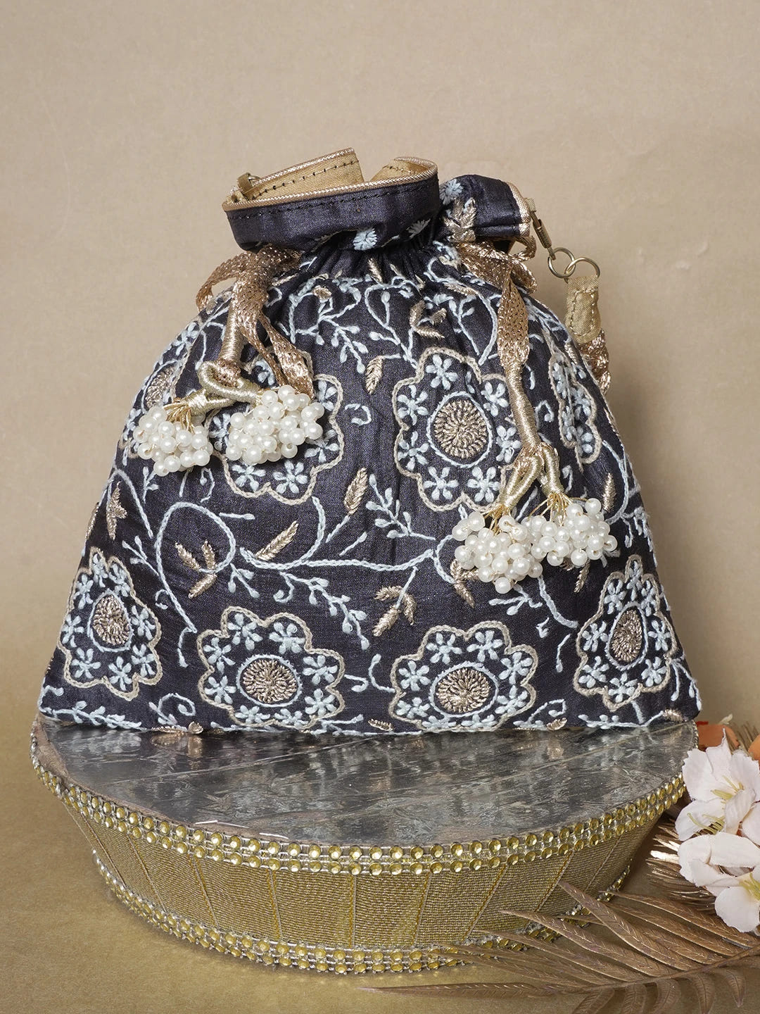 Ada Hand Embroidered Black Silk Lucknowi Chikankari Potli Bag With Zari Work 01A642021