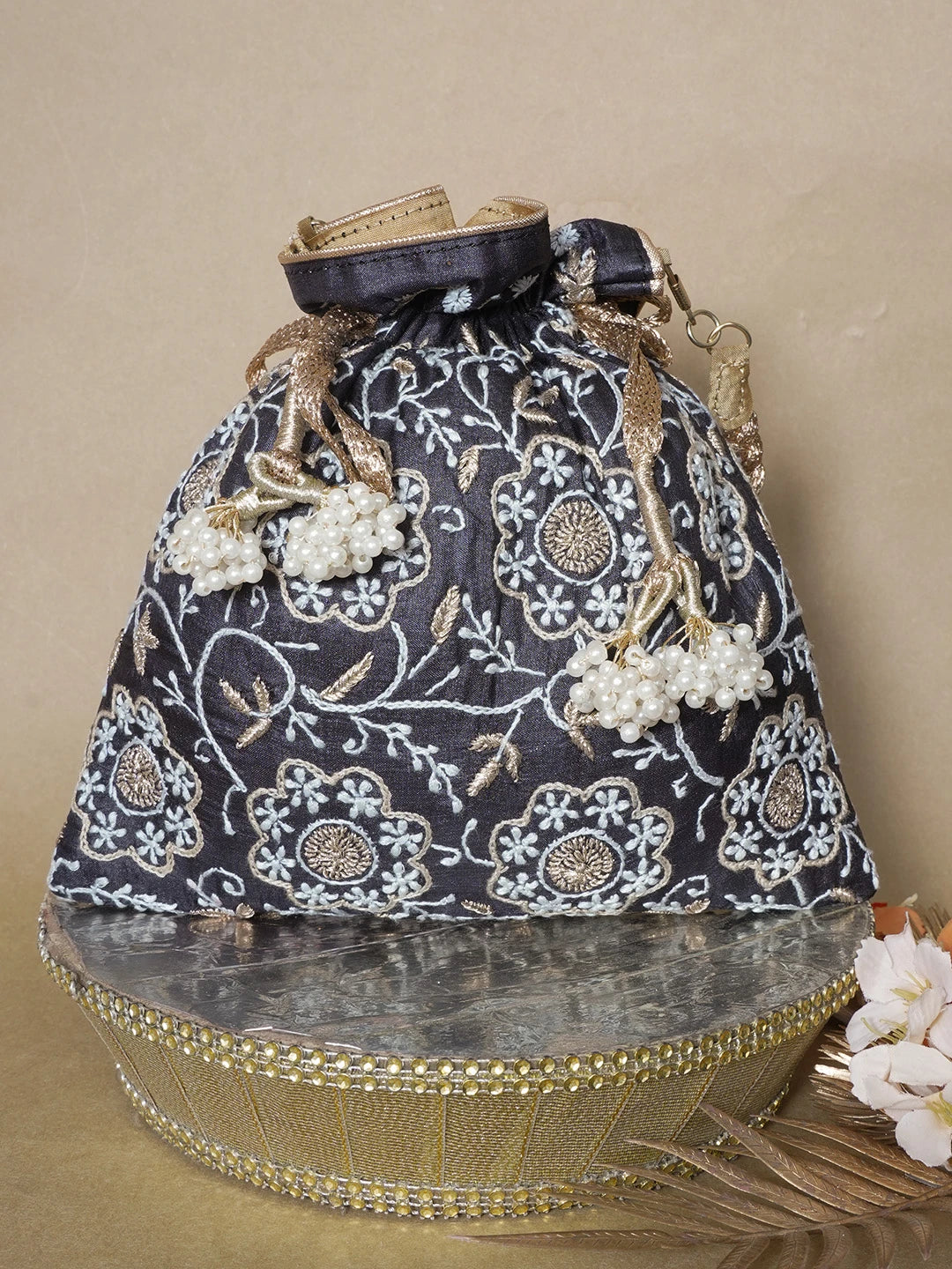 Ada Hand Embroidered Black Silk Lucknowi Chikankari Potli Bag With Zari Work 01A642021