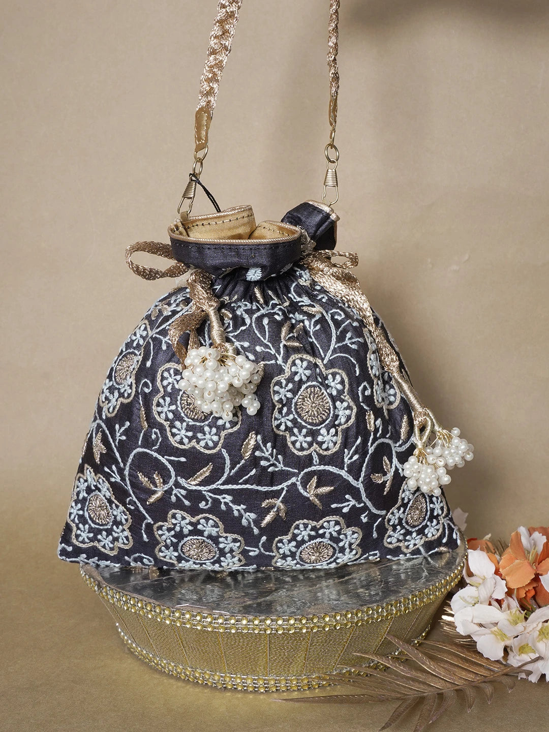 Ada Hand Embroidered Black Silk Lucknowi Chikankari Potli Bag With Zari Work 01A642021