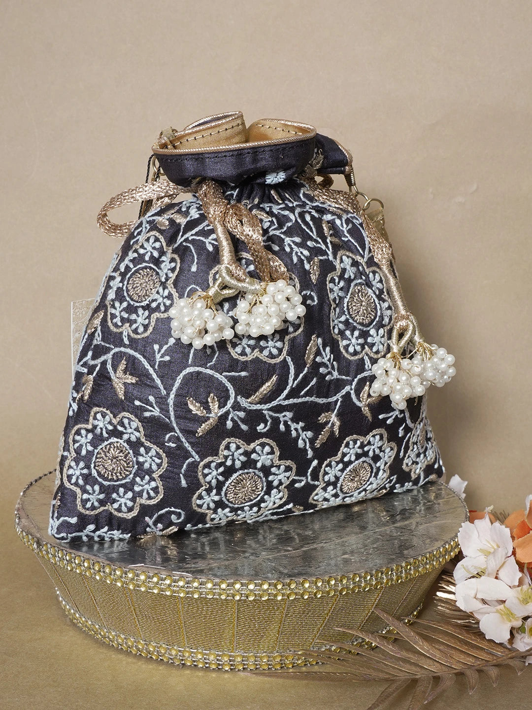 Ada Hand Embroidered Black Silk Lucknowi Chikankari Potli Bag With Zari Work 01A642021