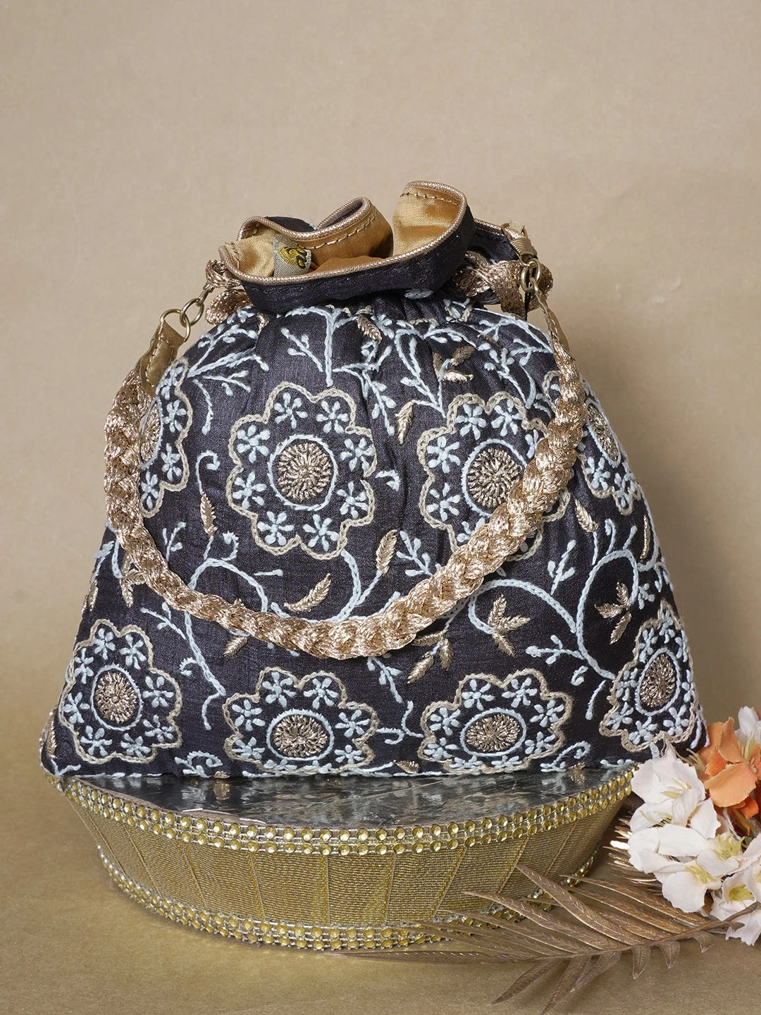 Ada Hand Embroidered Black Silk Lucknowi Chikankari Potli Bag With Zari Work 01A642021