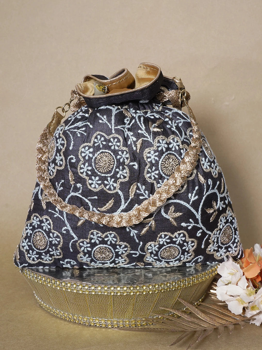 Ada Hand Embroidered Black Silk Lucknowi Chikankari Potli Bag With Zari Work 01A642021