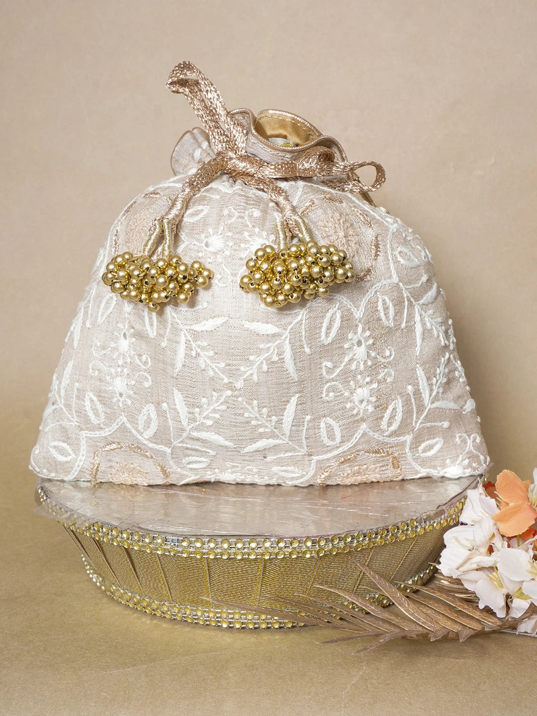 Ada Hand Embroidered Fawn Silk Lucknowi Chikankari Potli Bag With Zari Work 01A643562