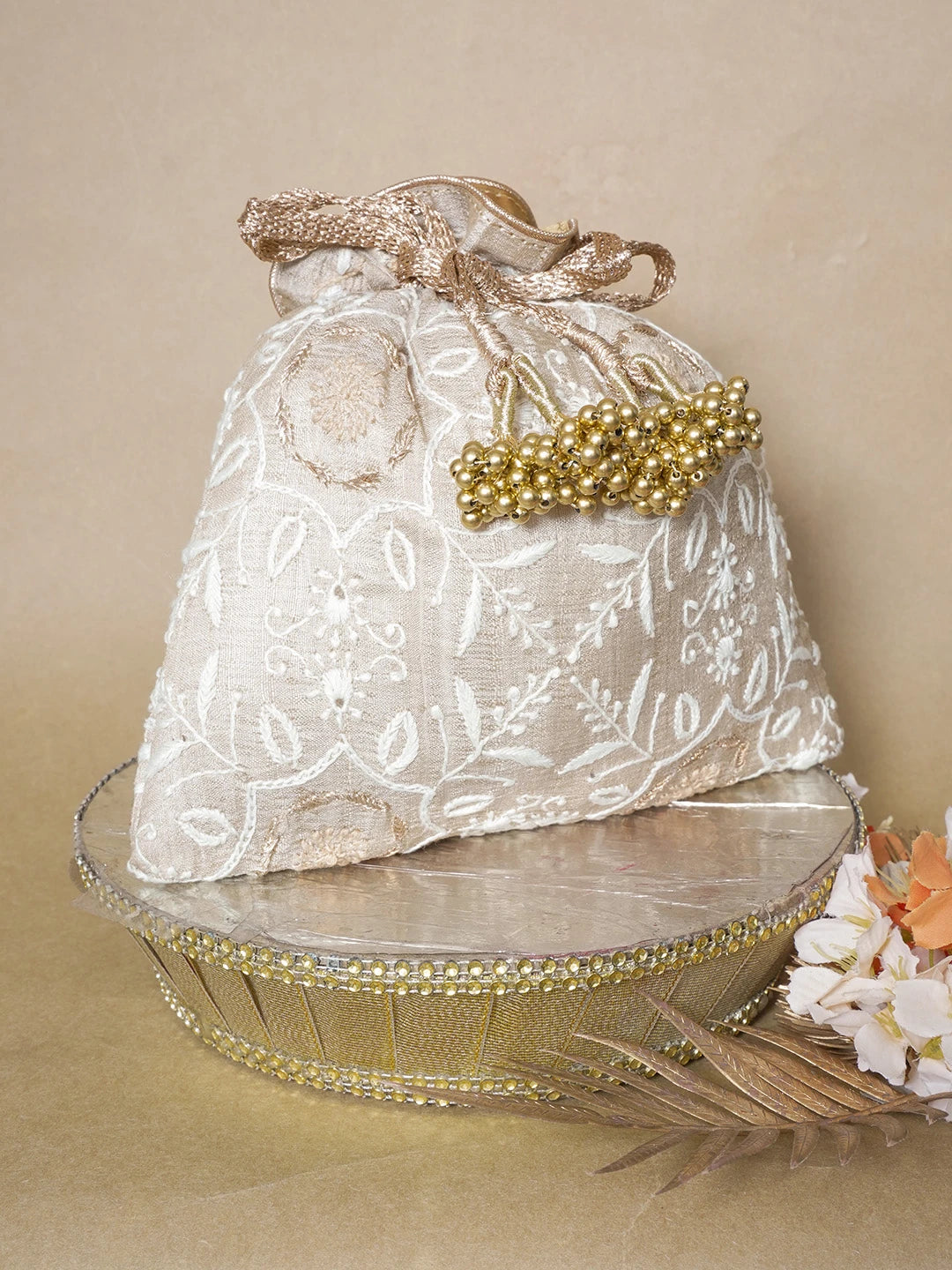Ada Hand Embroidered Fawn Silk Lucknowi Chikankari Potli Bag With Zari Work 01A643562