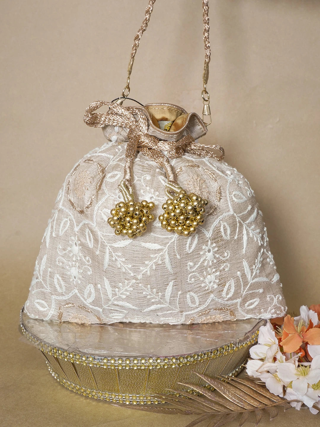 Ada Hand Embroidered Fawn Silk Lucknowi Chikankari Potli Bag With Zari Work 01A643562