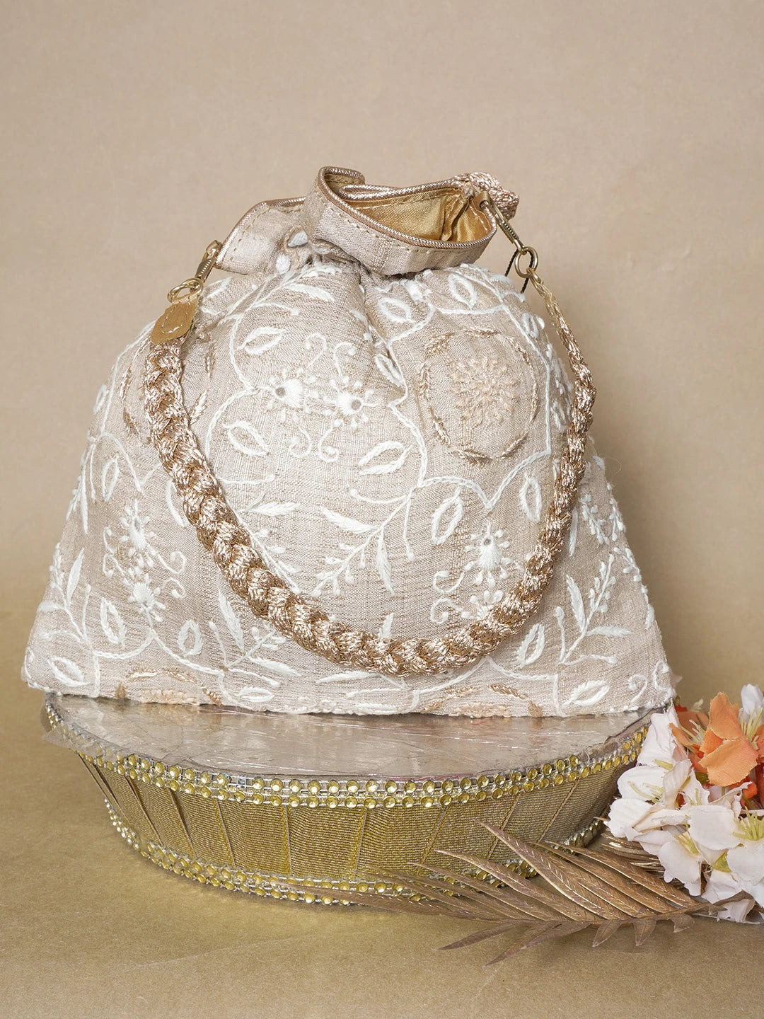 Ada Hand Embroidered Fawn Silk Lucknowi Chikankari Potli Bag With Zari Work 01A643562