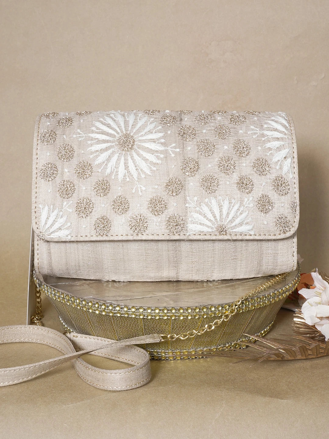 Ada Hand Embroidered Fawn Silk Lucknowi Chikankari Clutch With Zari Work 01A653236
