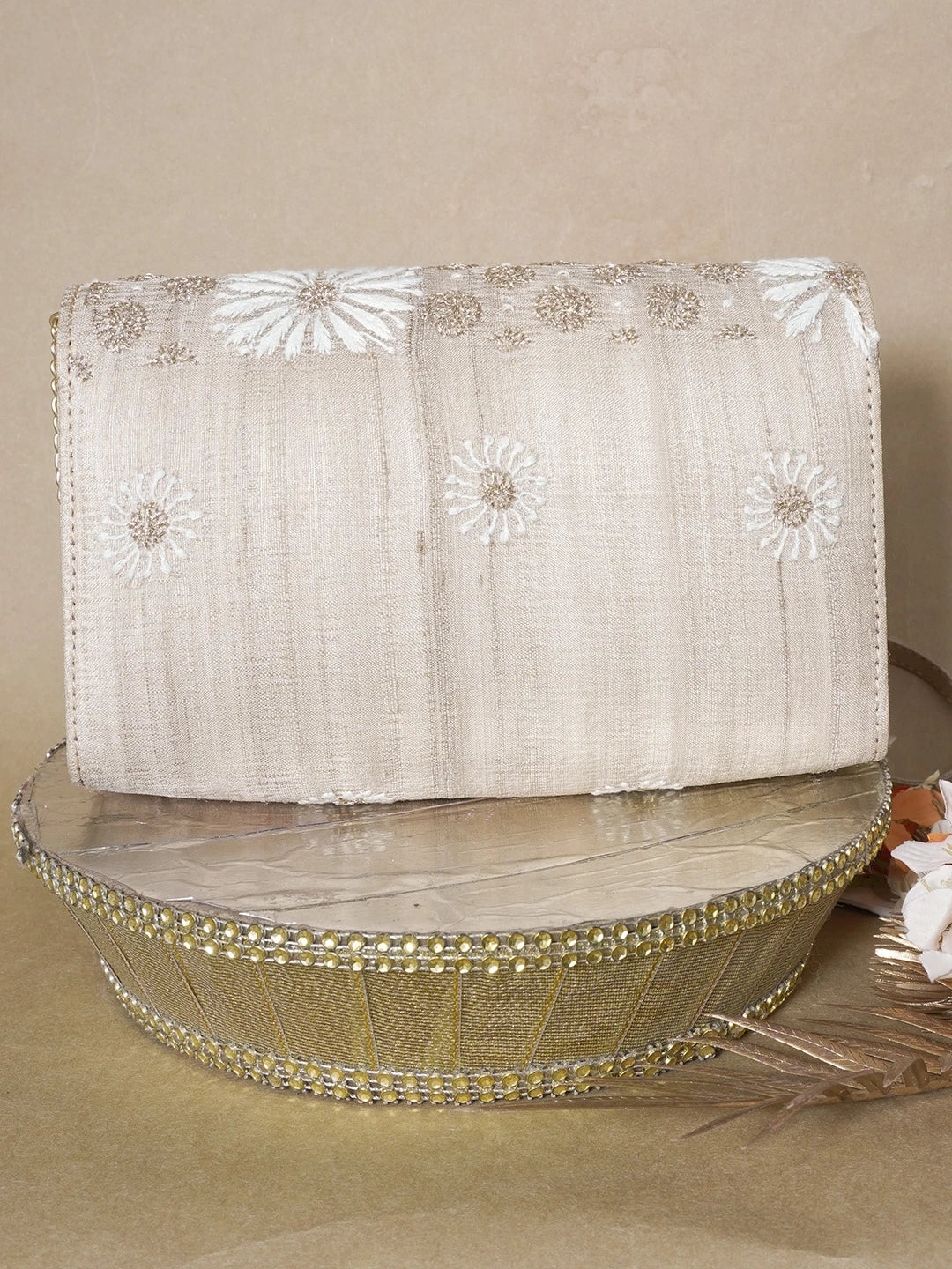 Ada Hand Embroidered Fawn Silk Lucknowi Chikankari Clutch With Zari Work 01A653236