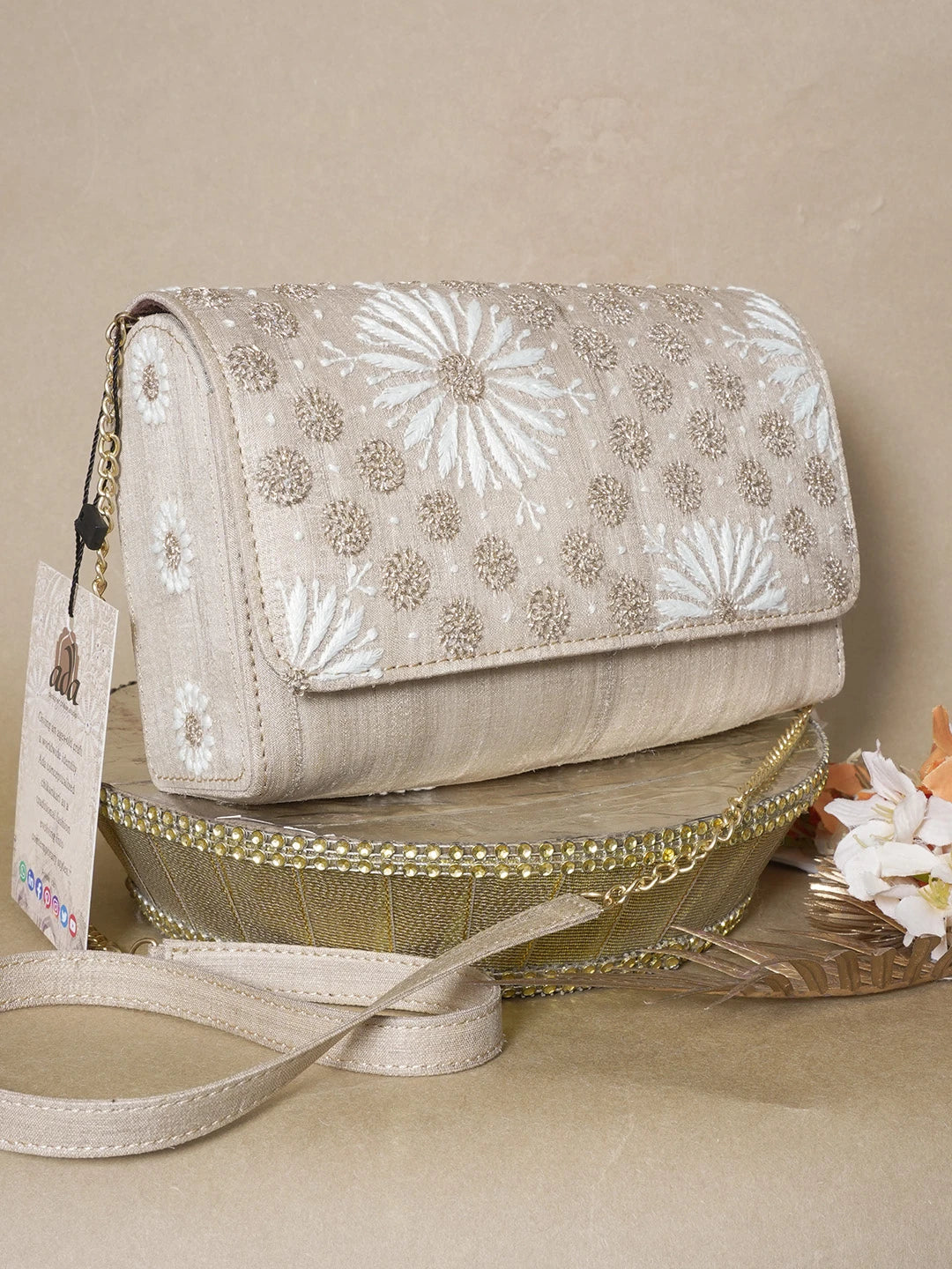 Ada Hand Embroidered Fawn Silk Lucknowi Chikankari Clutch With Zari Work 01A653236