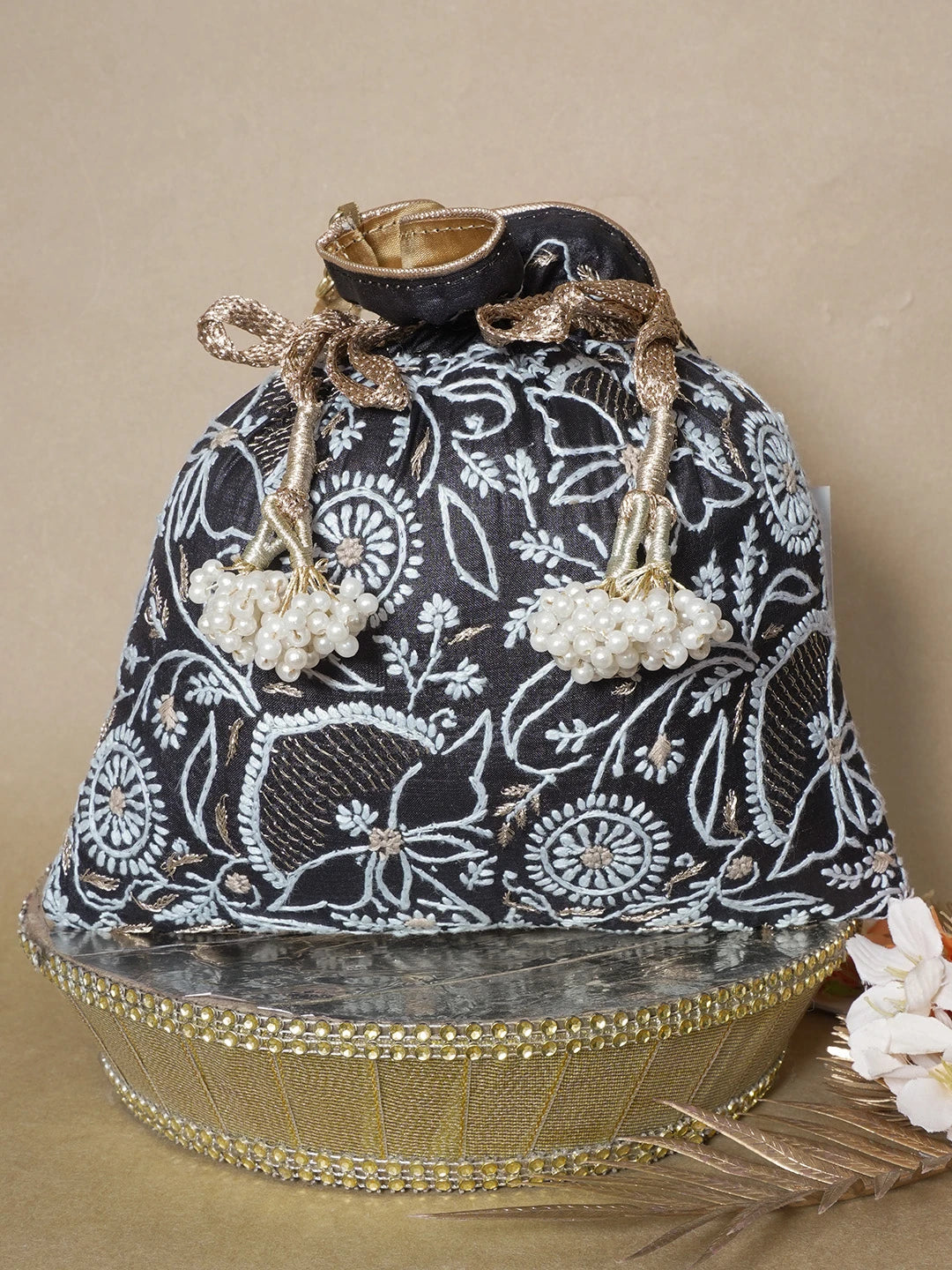 Ada Hand Embroidered Black Silk Lucknowi Chikankari Potli Bag With Zari Work 01A643575