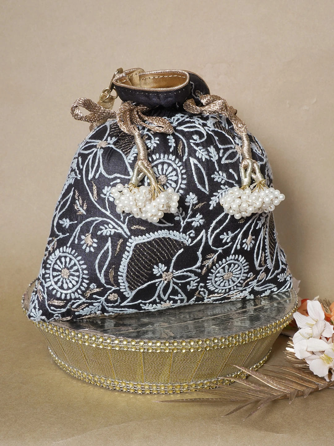 Ada Hand Embroidered Black Silk Lucknowi Chikankari Potli Bag With Zari Work 01A643575