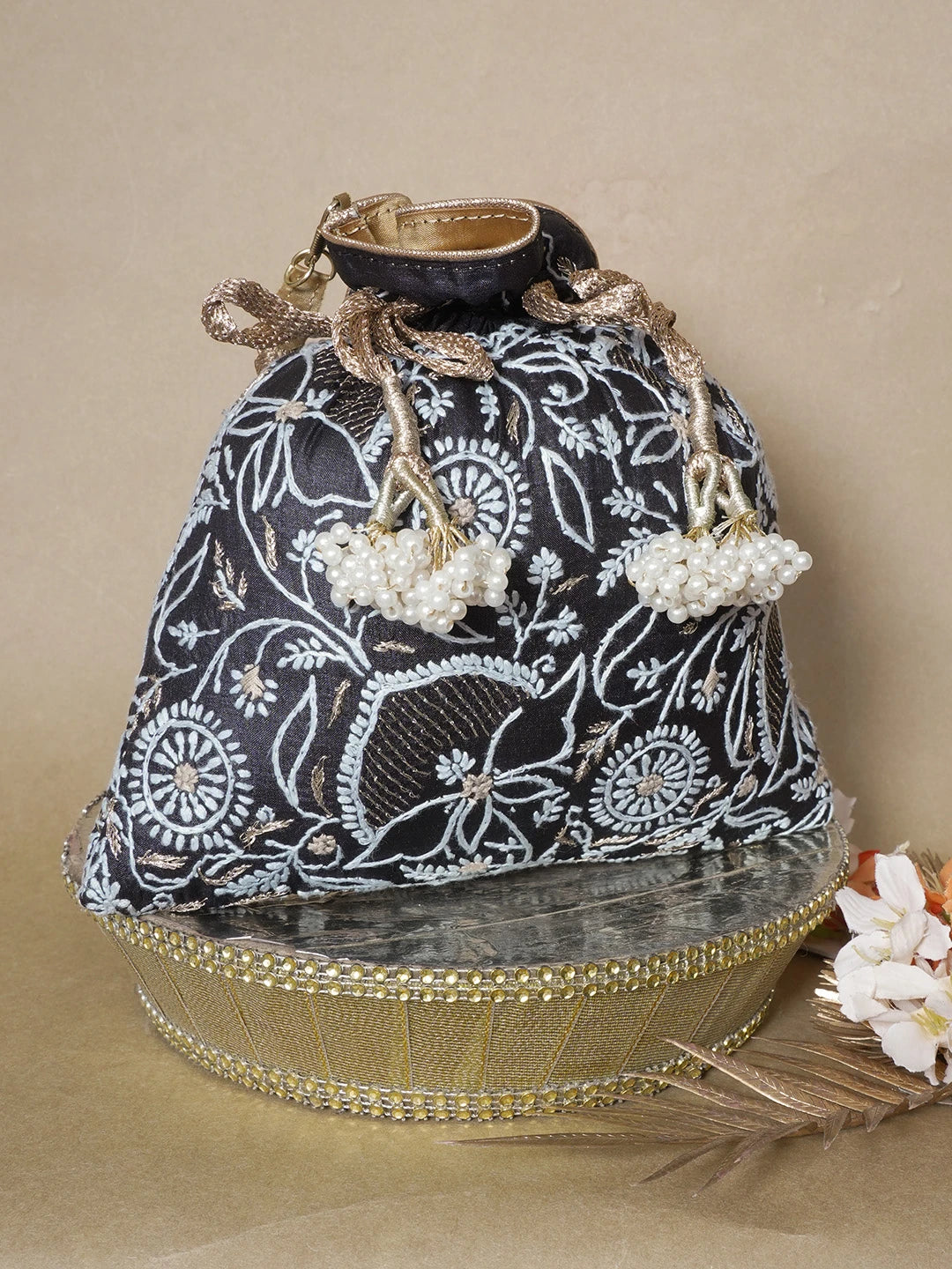 Ada Hand Embroidered Black Silk Lucknowi Chikankari Potli Bag With Zari Work 01A643575