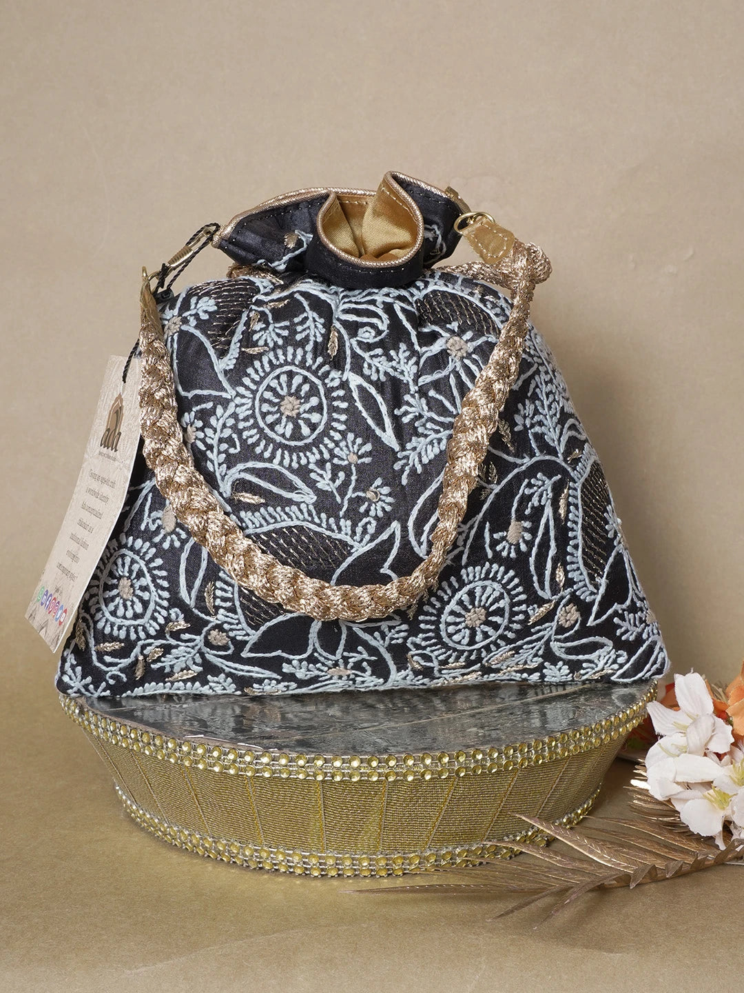 Ada Hand Embroidered Black Silk Lucknowi Chikankari Potli Bag With Zari Work 01A643575