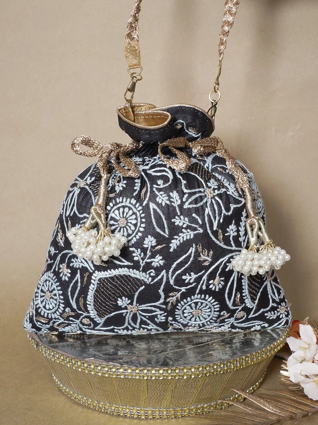 Ada Hand Embroidered Black Silk Lucknowi Chikankari Potli Bag With Zari Work 01A643575