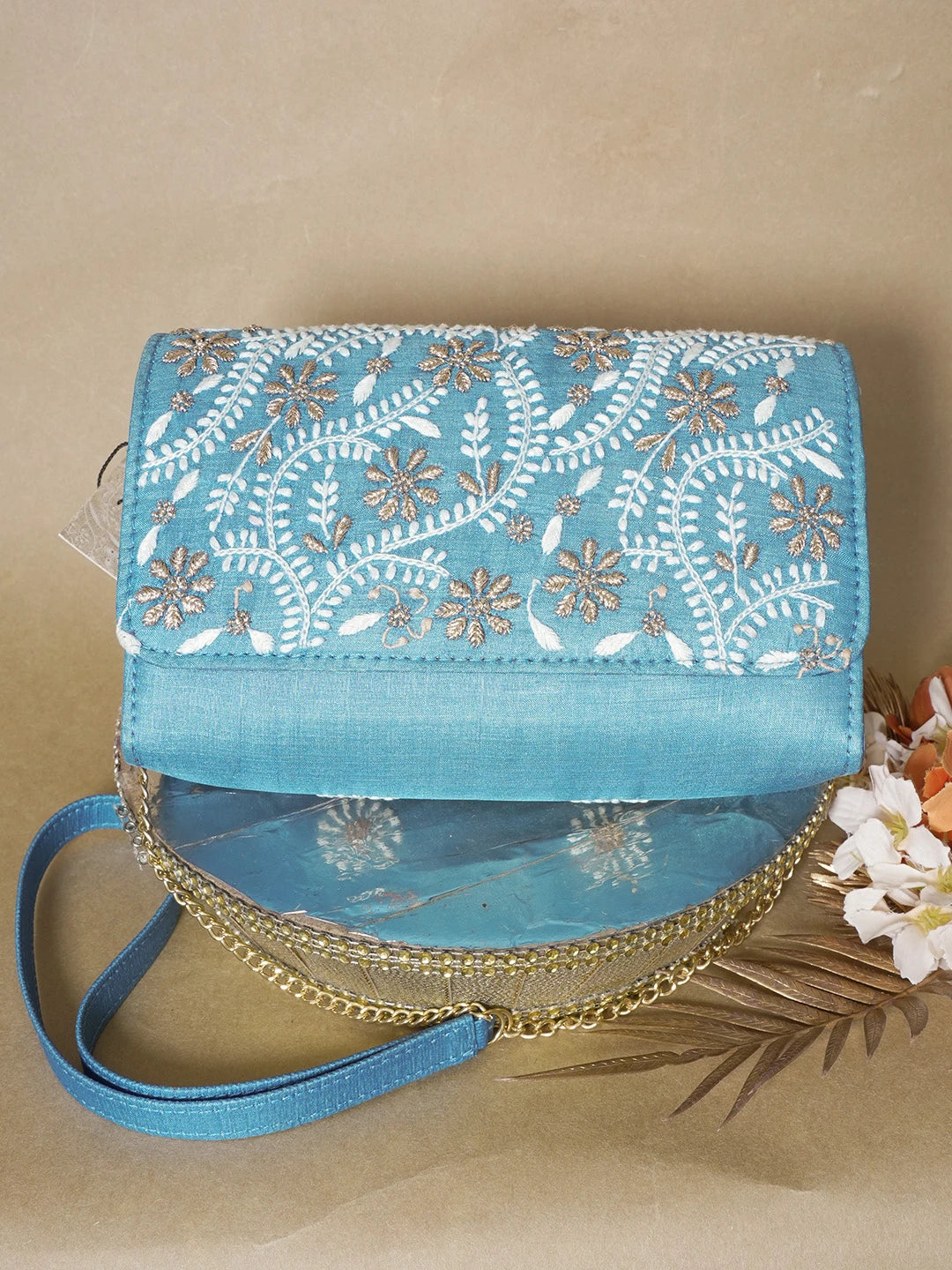 Ada Hand Embroidered Peacock Blue Silk Lucknowi Chikankari Clutch With Zari Work 01A636457