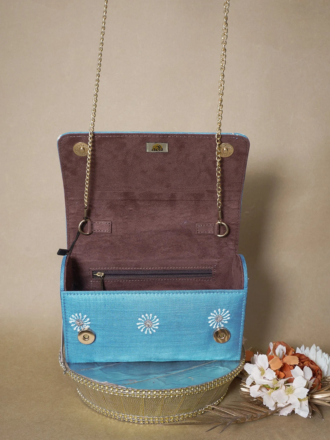 Ada Hand Embroidered Peacock Blue Silk Lucknowi Chikankari Clutch With Zari Work 01A636457