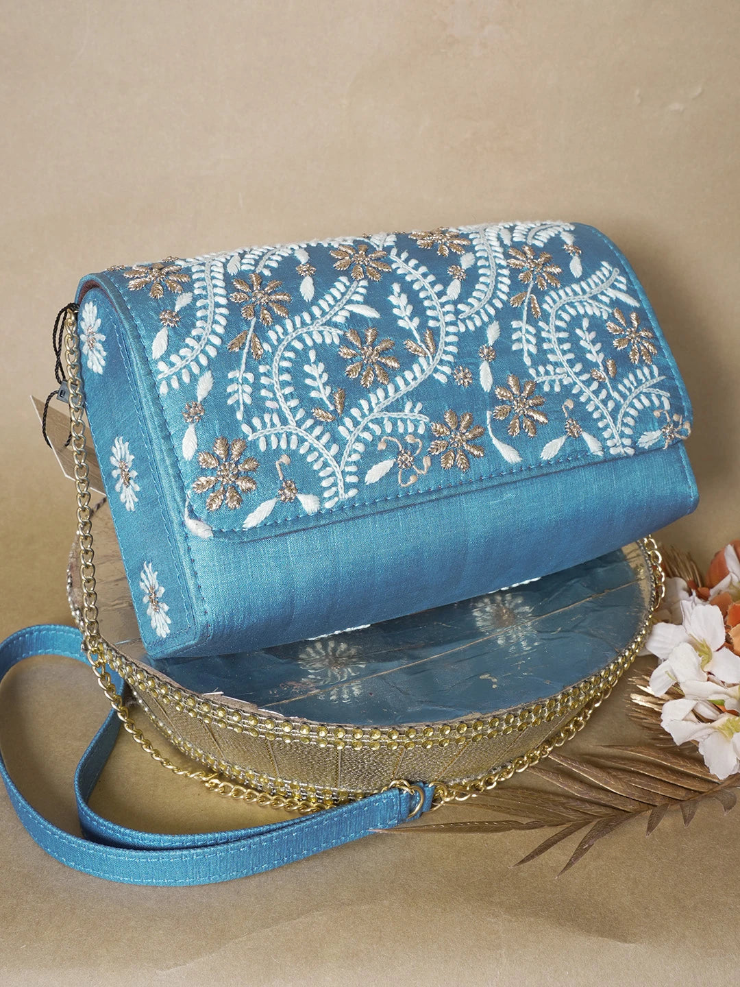 Ada Hand Embroidered Peacock Blue Silk Lucknowi Chikankari Clutch With Zari Work 01A636457