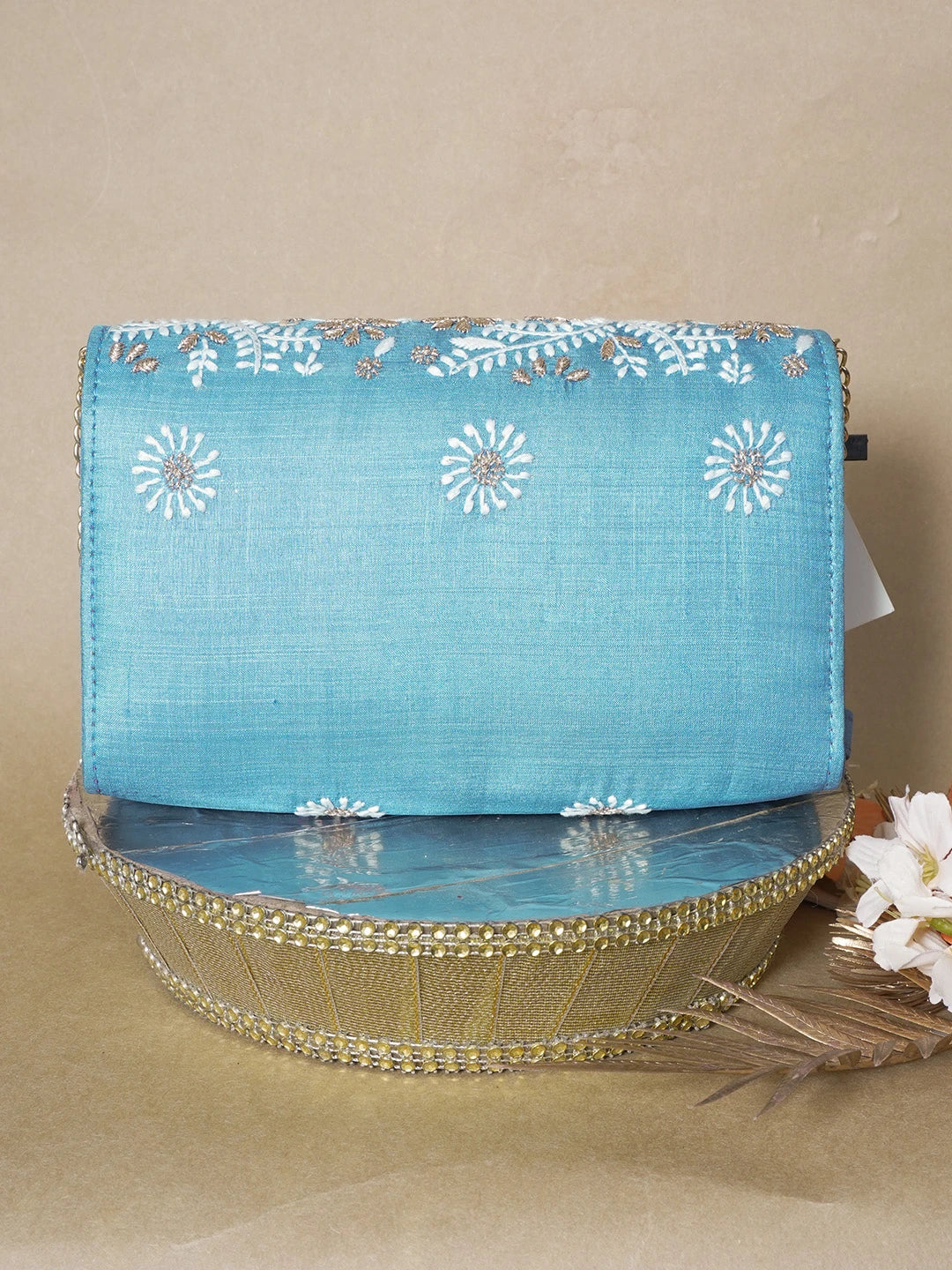 Ada Hand Embroidered Peacock Blue Silk Lucknowi Chikankari Clutch With Zari Work 01A636457