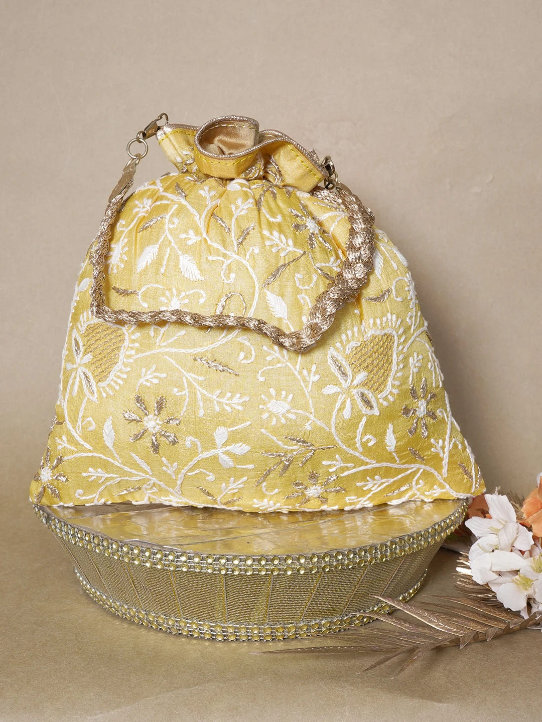 Ada Hand Embroidered Yellow Silk Lucknowi Chikankari Potli Bag With Zari Work 01A643572