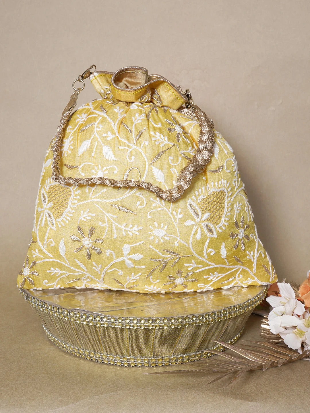 Ada Hand Embroidered Yellow Silk Lucknowi Chikankari Potli Bag With Zari Work 01A643572