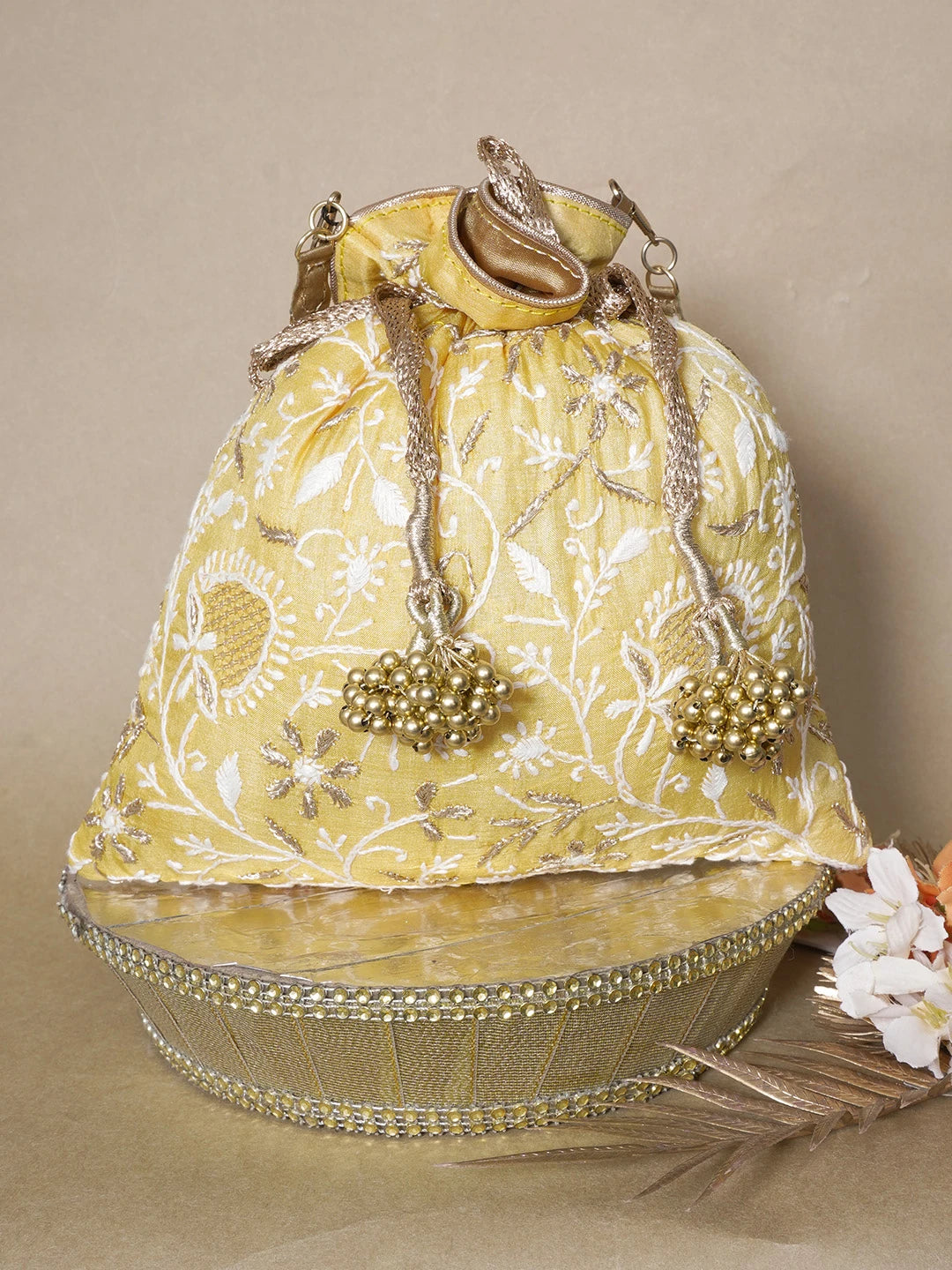 Ada Hand Embroidered Yellow Silk Lucknowi Chikankari Potli Bag With Zari Work 01A643572