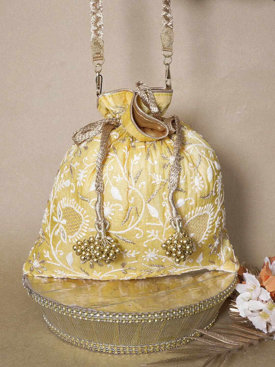 Ada Hand Embroidered Yellow Silk Lucknowi Chikankari Potli Bag With Zari Work 01A643572