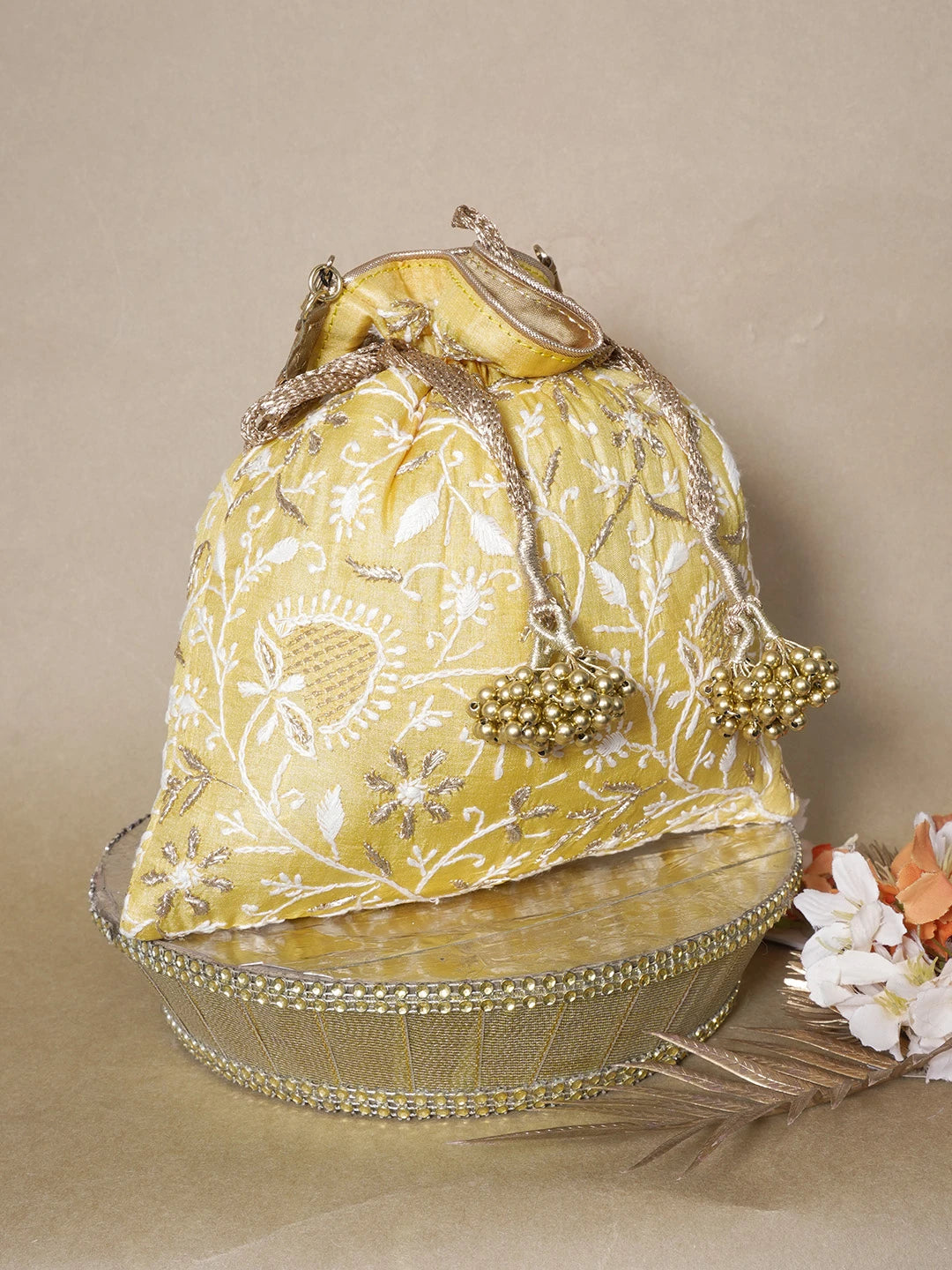Ada Hand Embroidered Yellow Silk Lucknowi Chikankari Potli Bag With Zari Work 01A643572