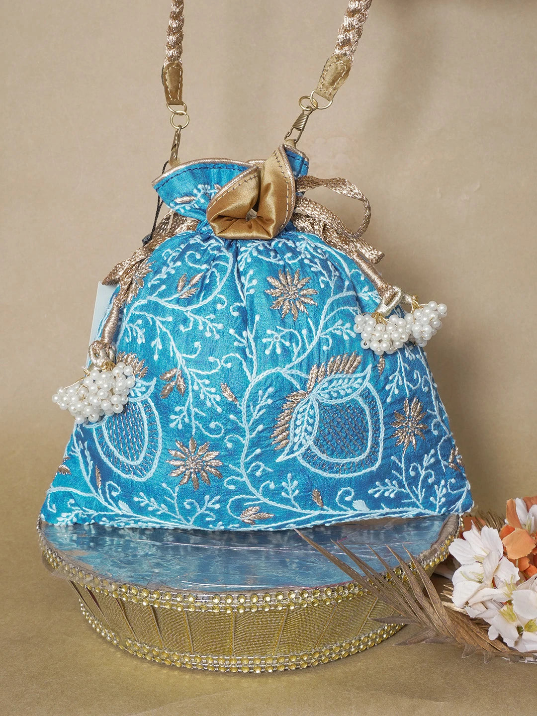 Ada Hand Embroidered Peacock Blue Silk Lucknowi Chikankari Potli Bag With Zari Work 01A636052
