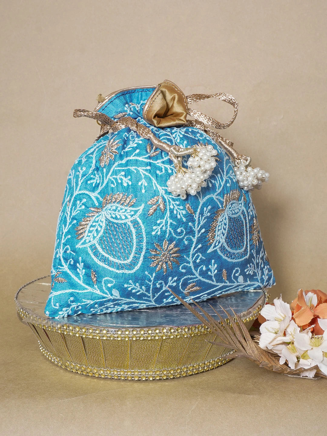 Ada Hand Embroidered Peacock Blue Silk Lucknowi Chikankari Potli Bag With Zari Work 01A636052